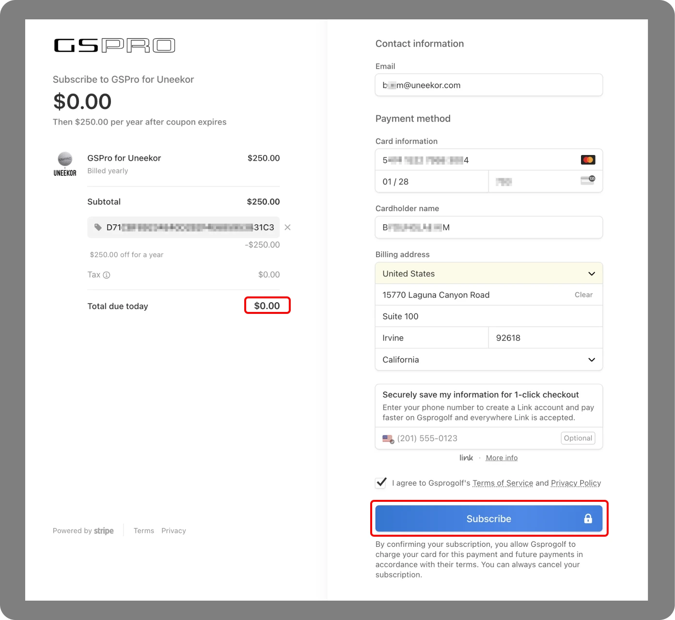 Kassasidan för GSPro for Uneekor-prenumerationen visar att totalsumman att betala i dag är 0,00 USD efter att en rabattkod har använts.
