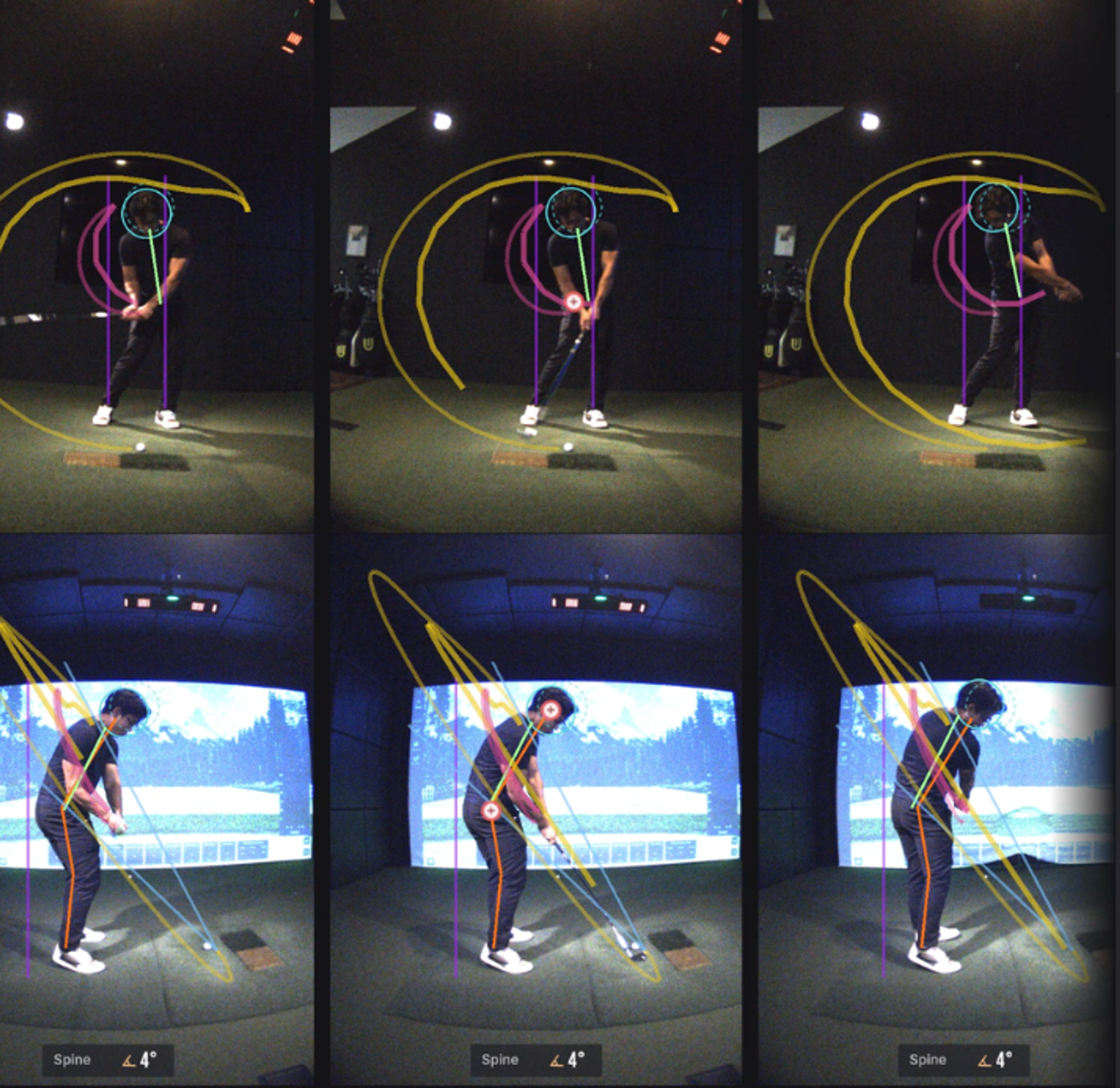 Golf swing analysis software displaying a golfer's swing at different stages with overlaid diagnostic graphics, a performance score of 82 with 'PRO' status, and positive 'Good!' feedback.