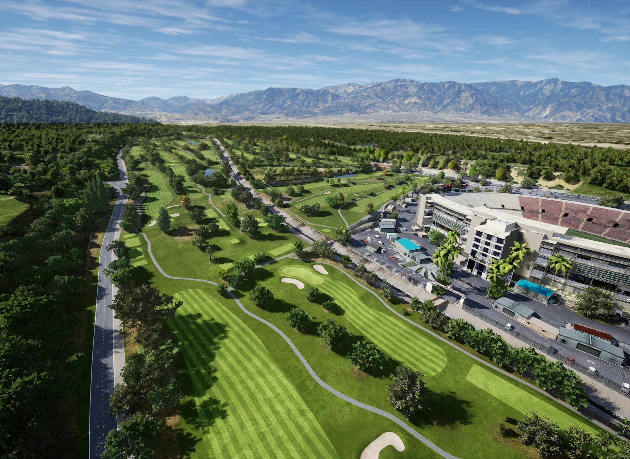 Aerial view of a green golf course next to a large stadium, with distant mountains under a blue sky.