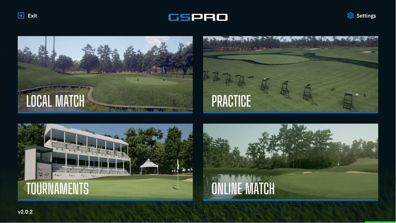 GSPRO-golfspelsmeny som visar alternativen Lokal match, Träning, Turneringar och Onlinematch.