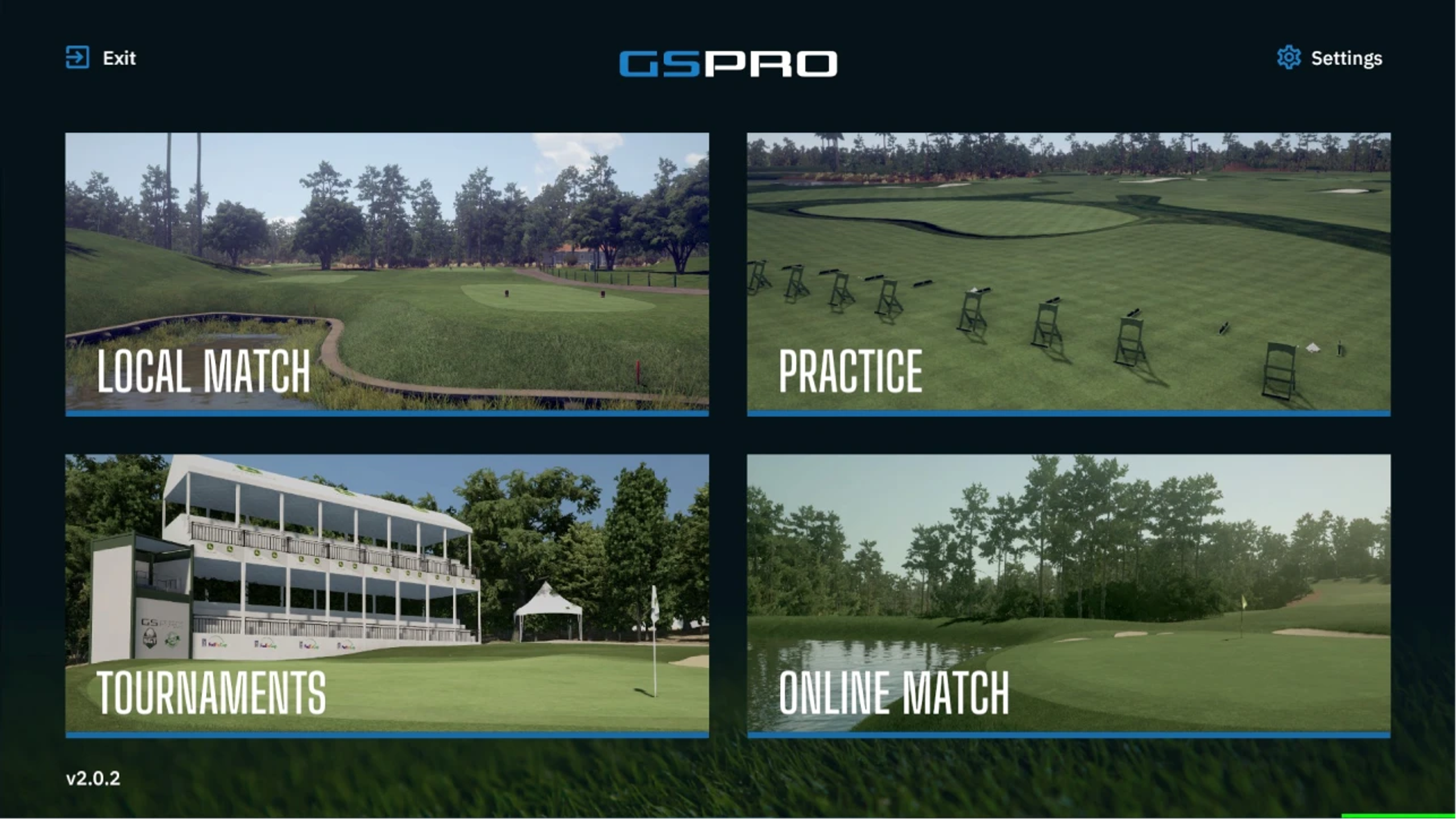 GSPro golf simulator main menu showing options for Local Match, Practice, Tournaments, and Online Match, each with a golf course image.