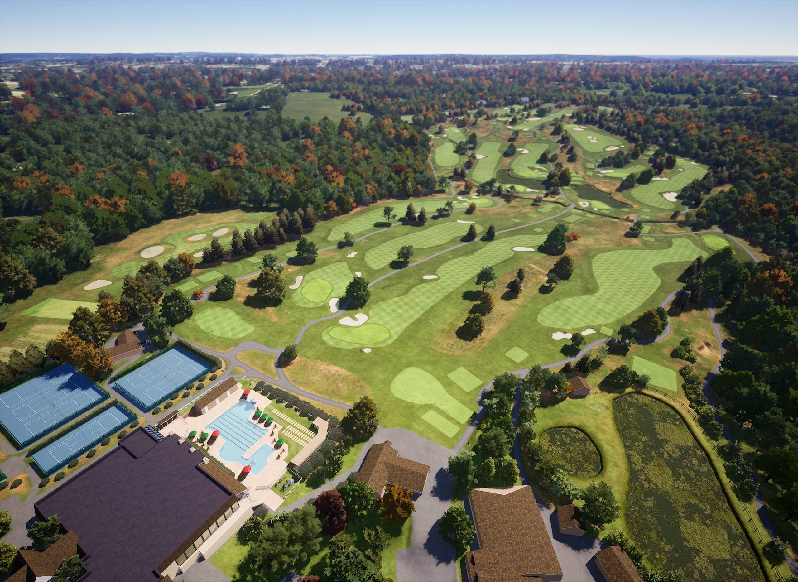 Aerial view of a sprawling golf course with a clubhouse, tennis courts, and swimming pool surrounded by trees.