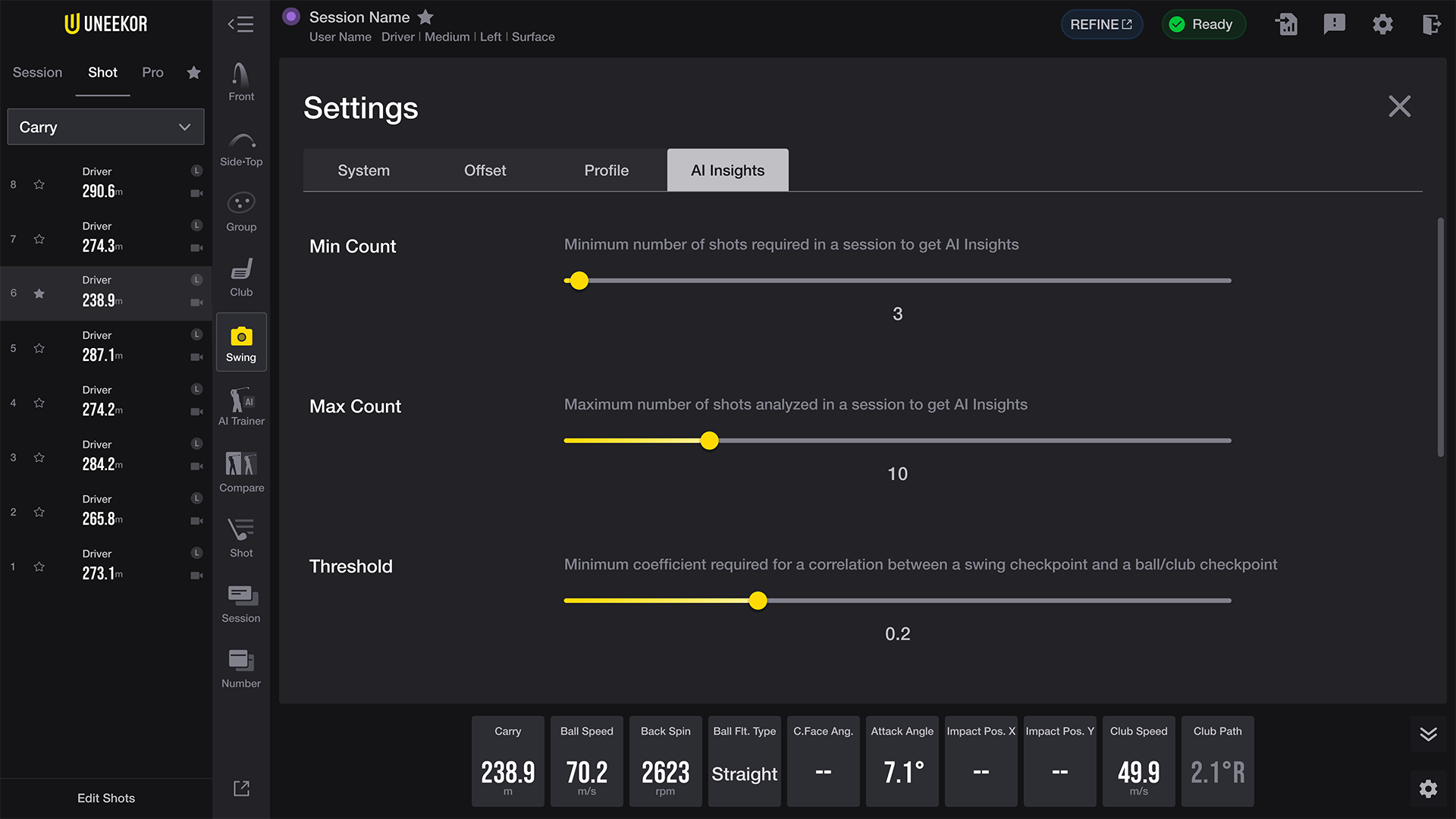 Golf simulator software displaying AI Insights settings, including Min Count, Max Count, and Threshold sliders.