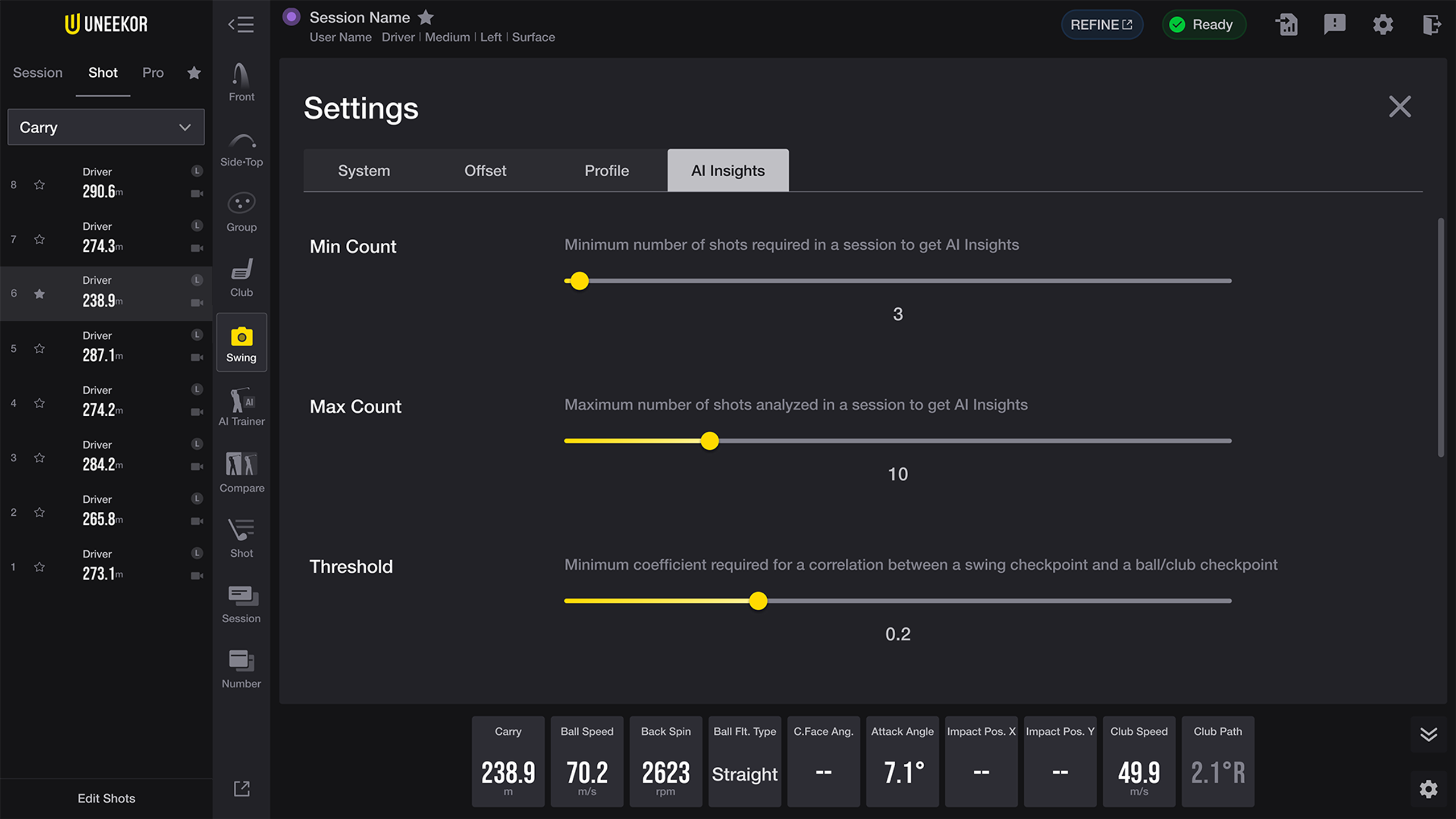 Golf simulator software displaying AI Insights settings, including Min Count, Max Count, and Threshold sliders.