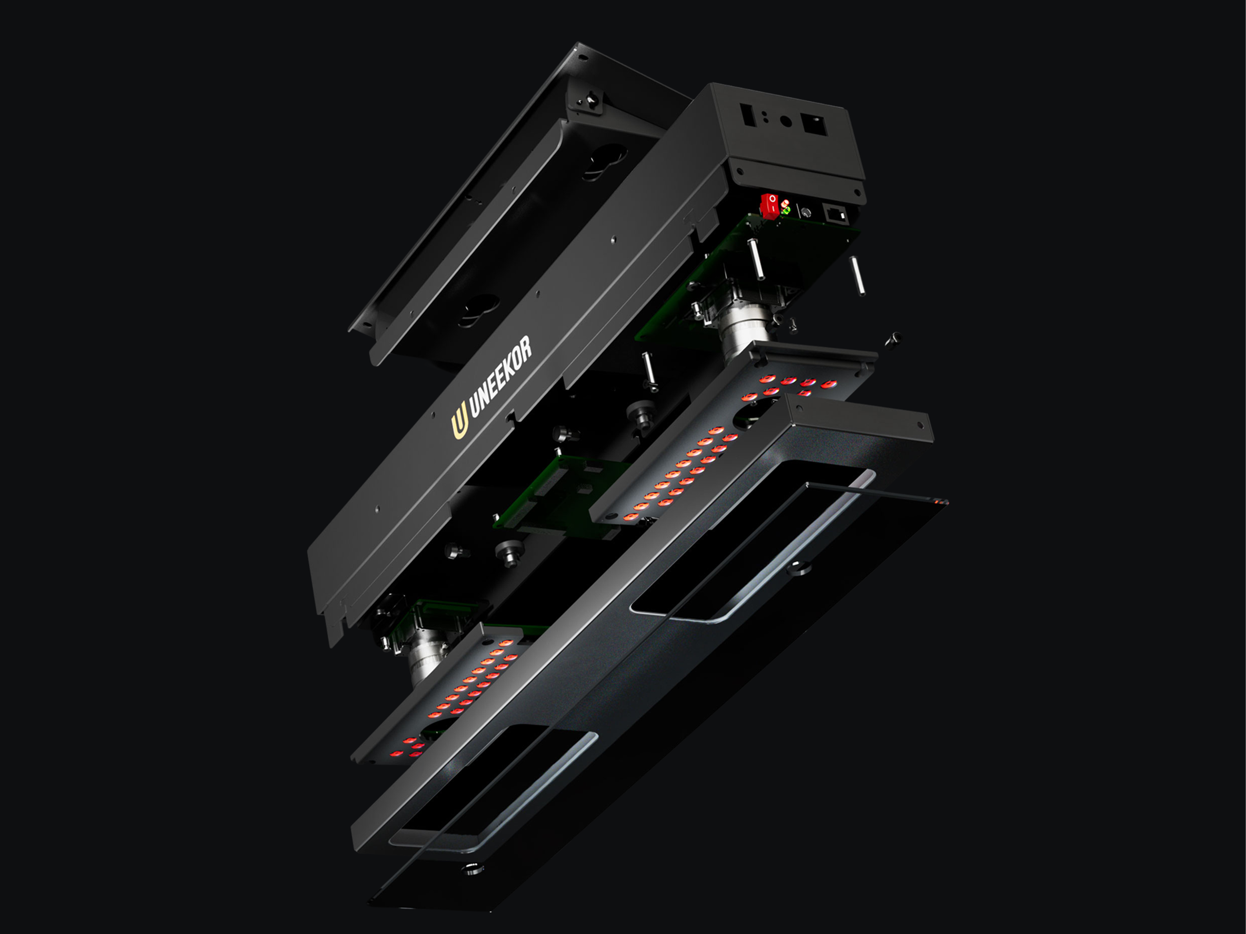Exploded view of a black UNEEKOR electronic device, revealing internal circuit boards and red light arrays.