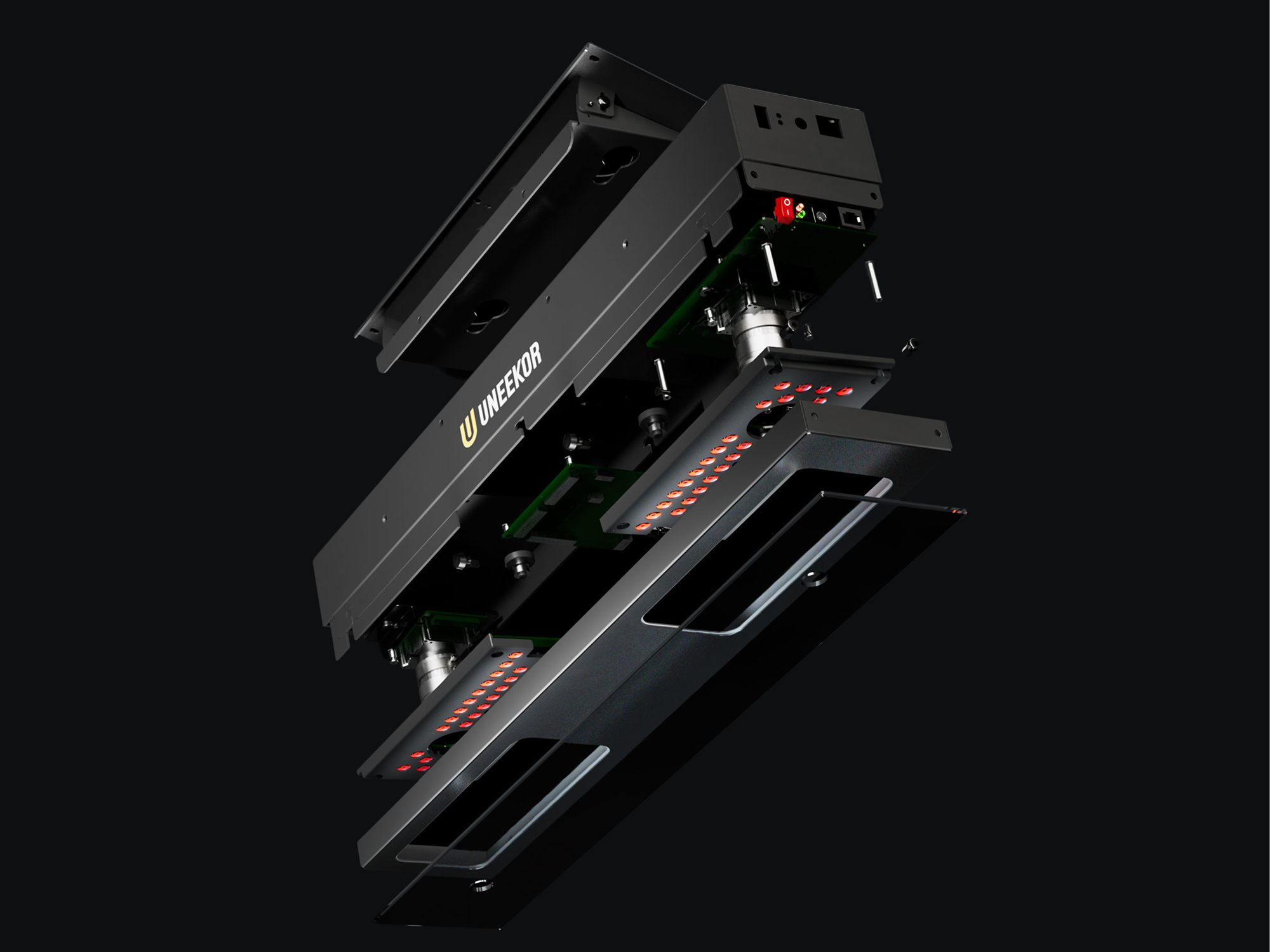 Exploded view of a black UNEEKOR electronic device, revealing internal circuit boards and red light arrays.