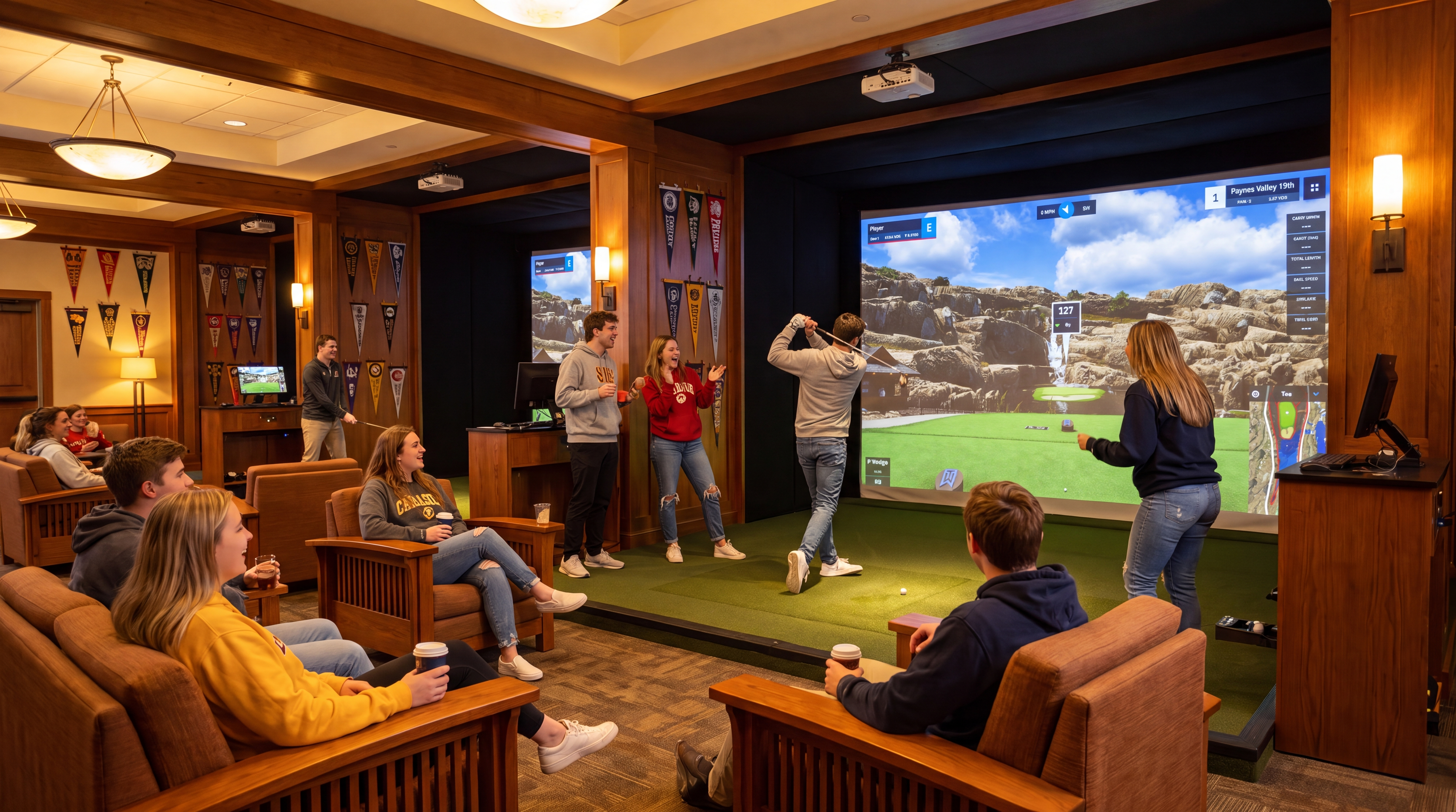 Young adults socializing and playing golf on a large simulator in a modern lounge.