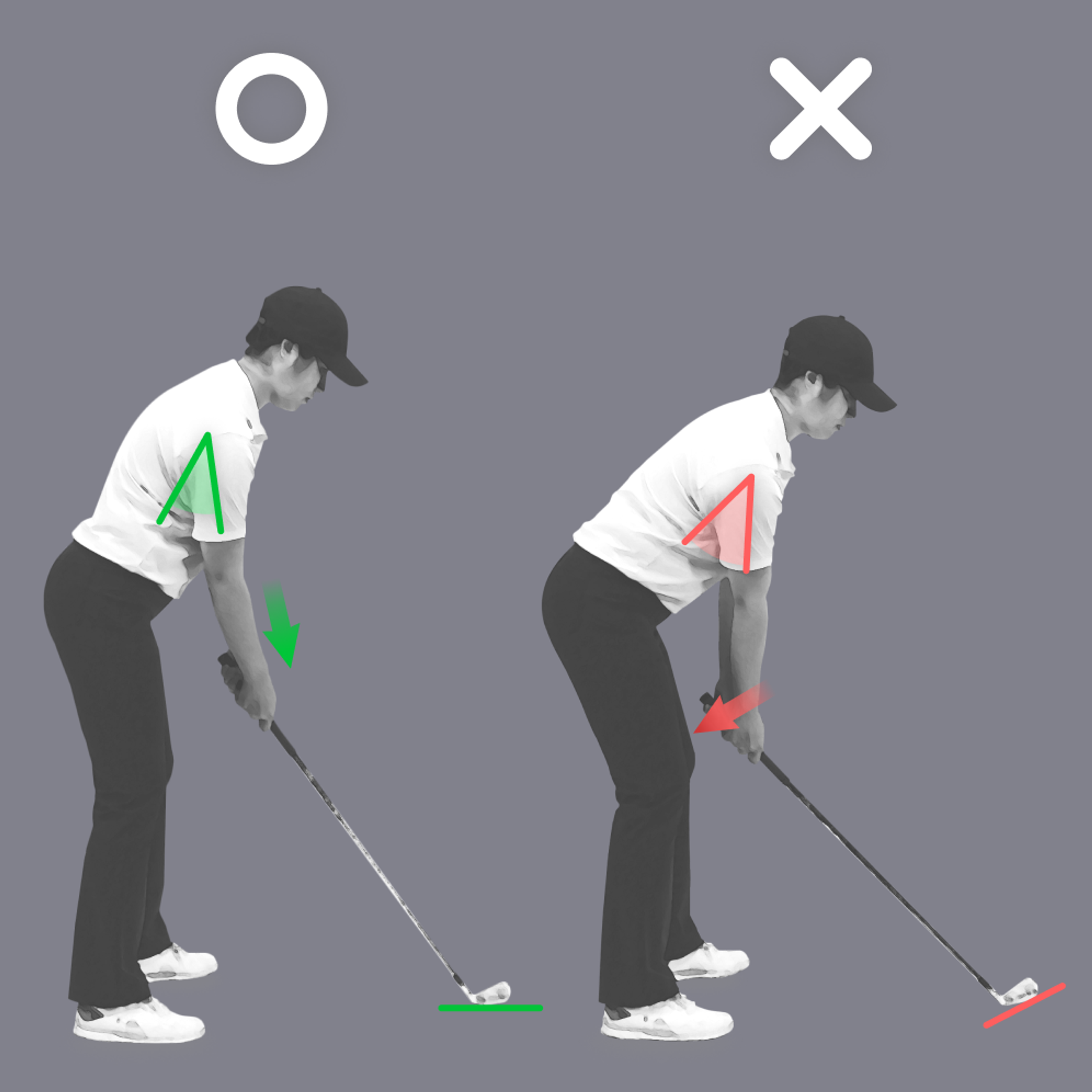 A comparison of two golf stances: a correct golf setup on the left marked with a green circle and lines, and an incorrect setup on the right marked with a red X and lines.
