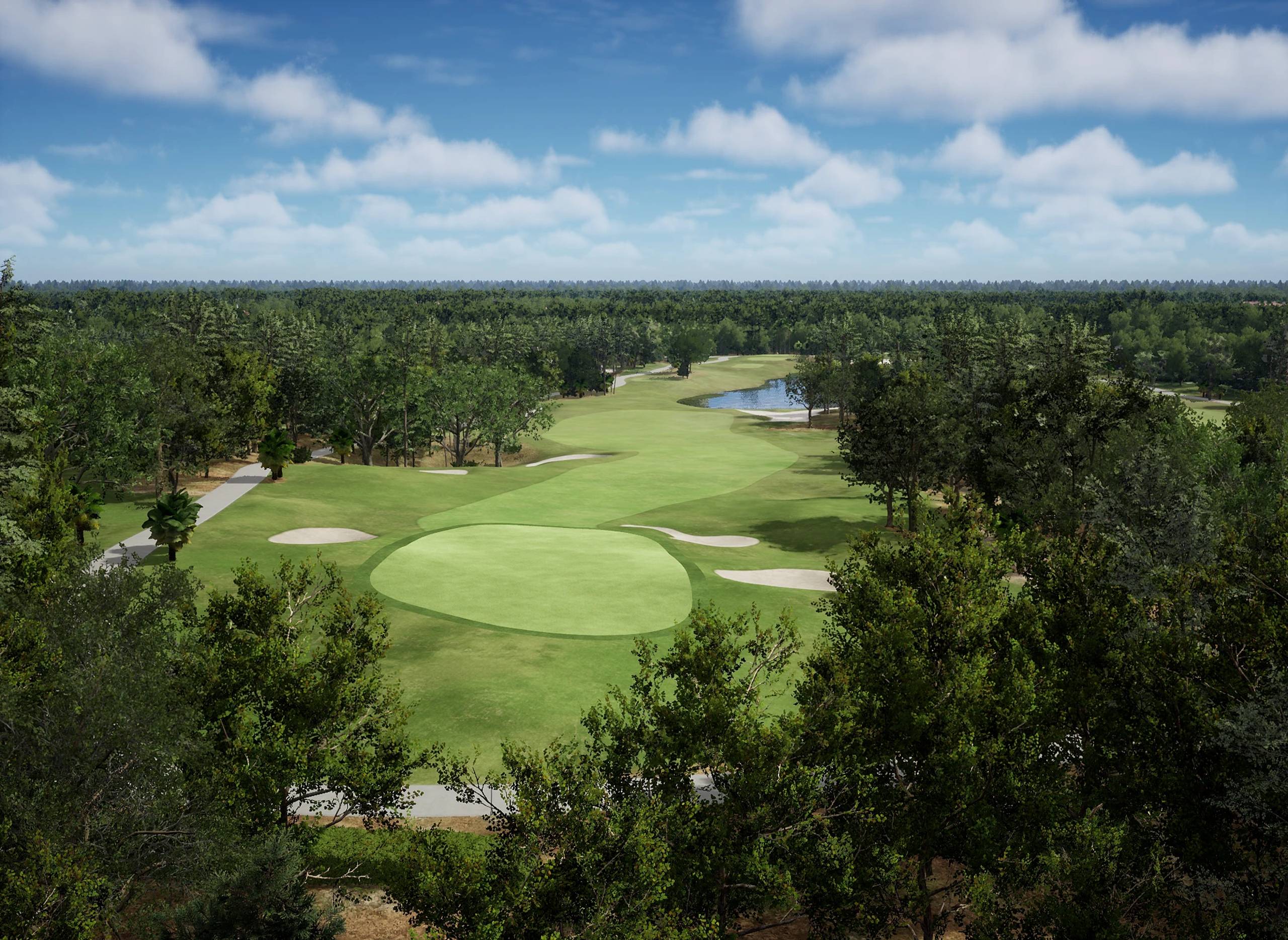 A golf course with green fairways, sand bunkers, and a small pond, surrounded by dense trees under a blue sky with clouds.