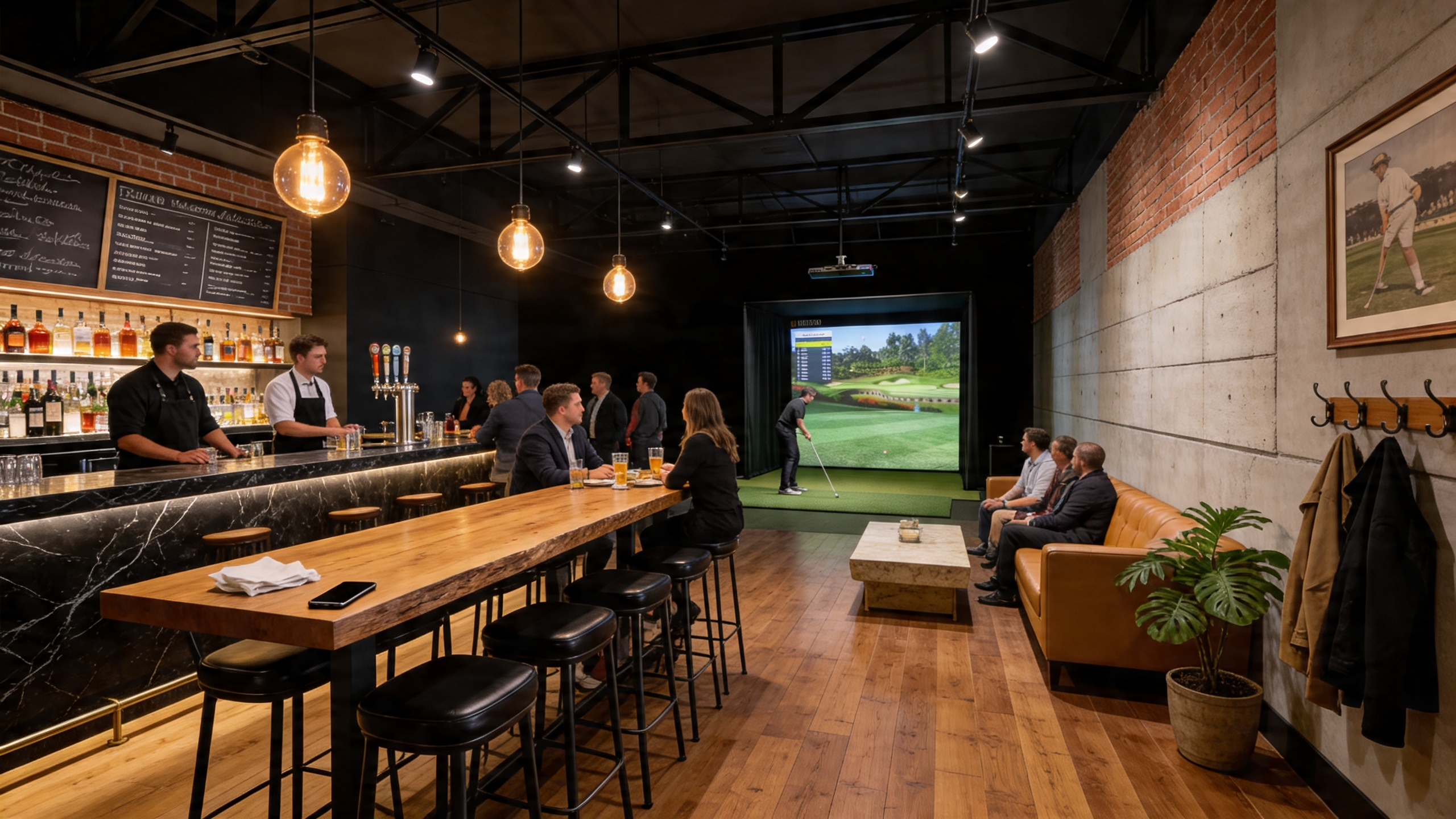 A modern indoor golf simulator lounge with a fully stocked bar, patrons socializing, and a person playing golf on the simulator.