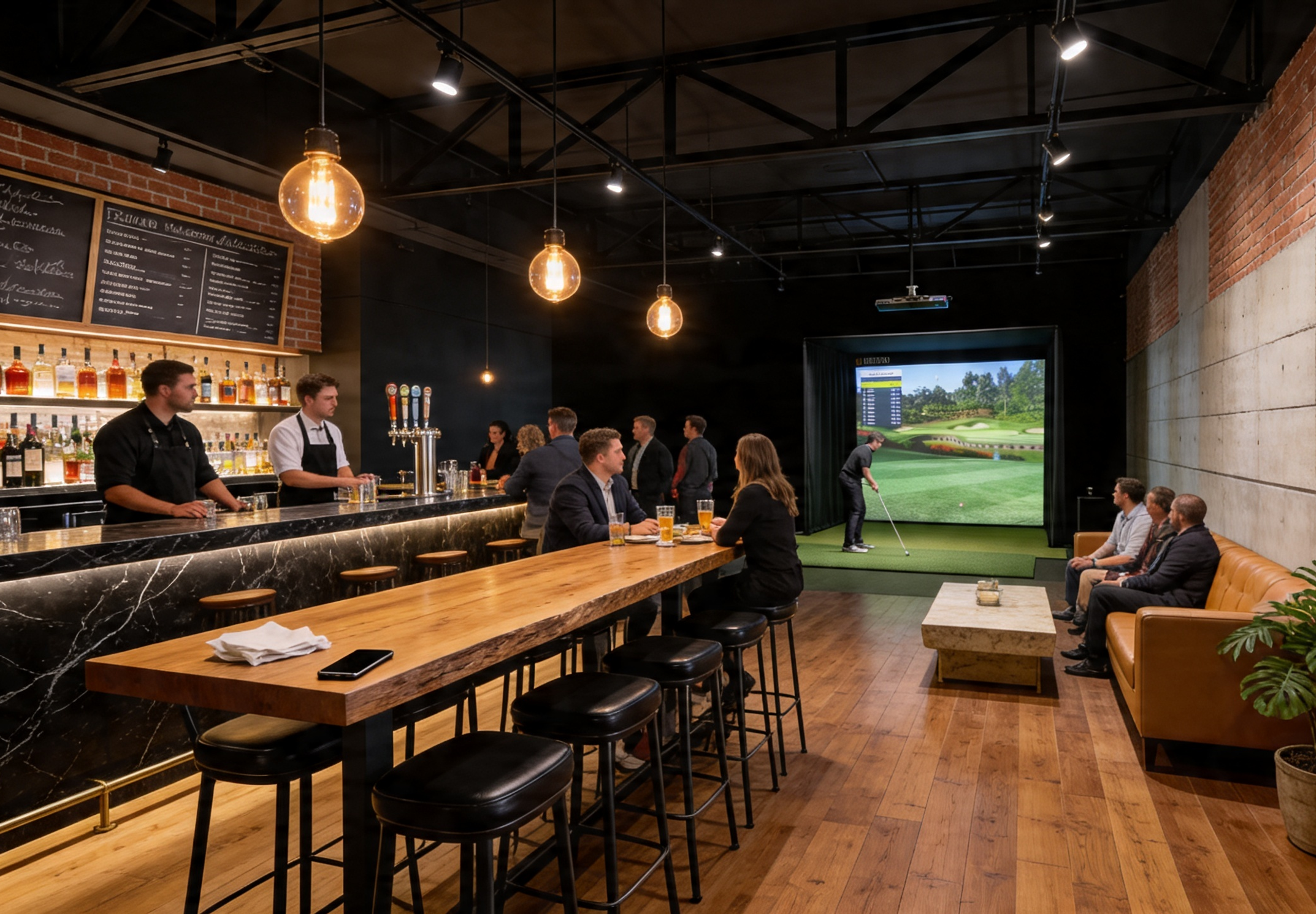 A modern indoor golf simulator lounge with a fully stocked bar, patrons socializing, and a person playing golf on the simulator.