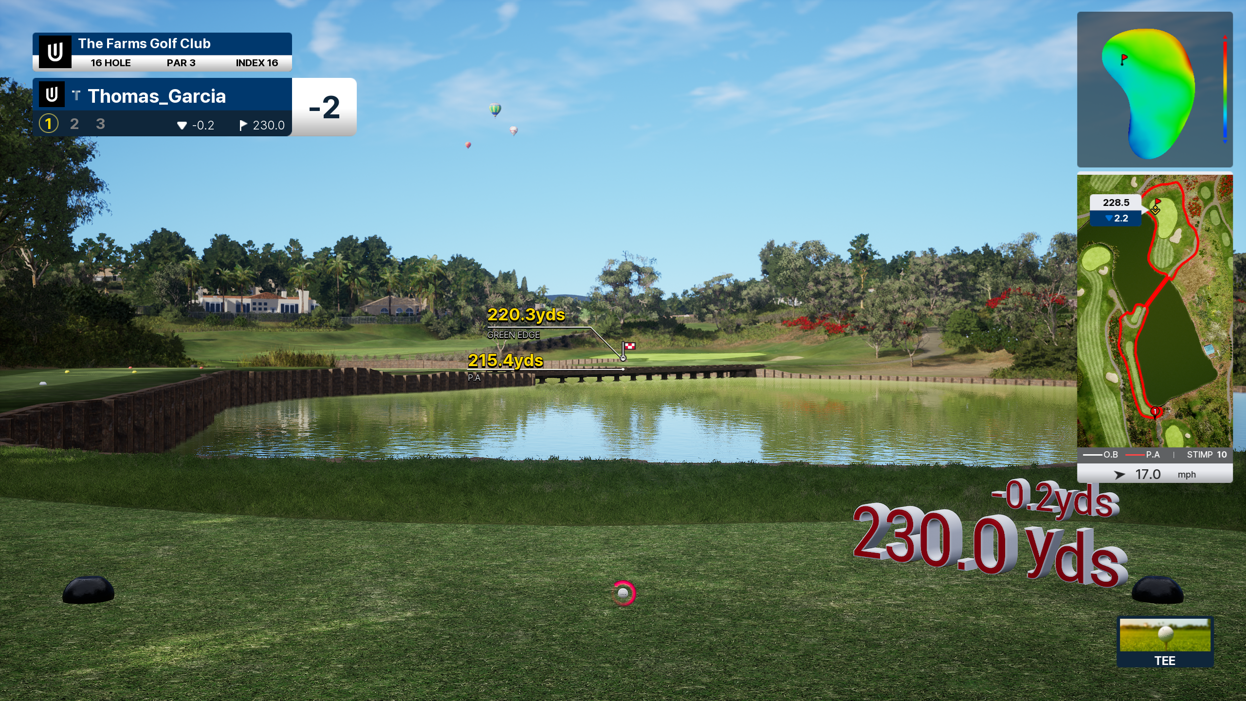 A screenshot from a golf video game shows a par 3 hole over a lake, with on-screen player stats and distance markers including "230.0 yds."