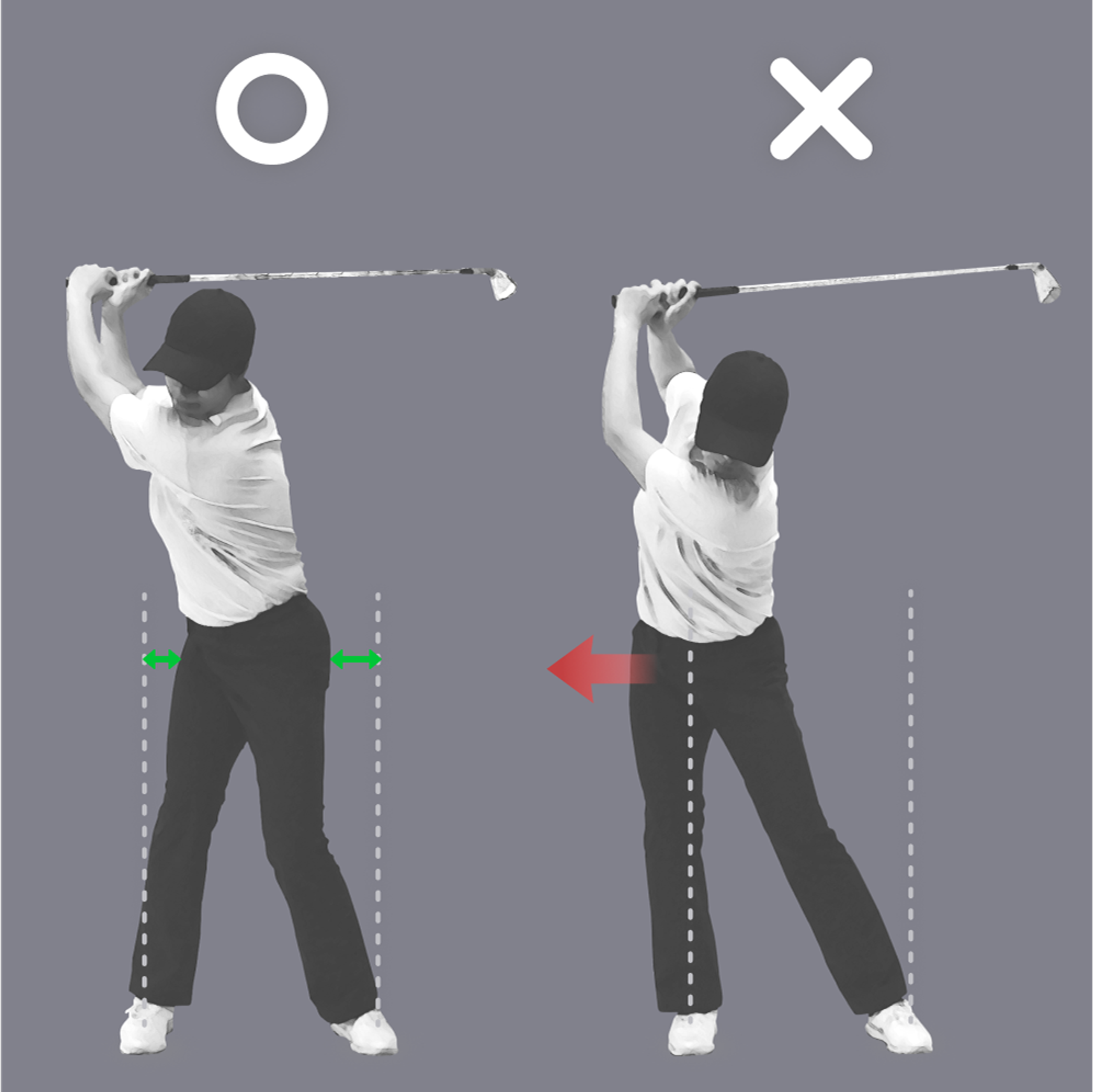Correct and incorrect golf backswing posture, showing stable hips versus hips shifted left.