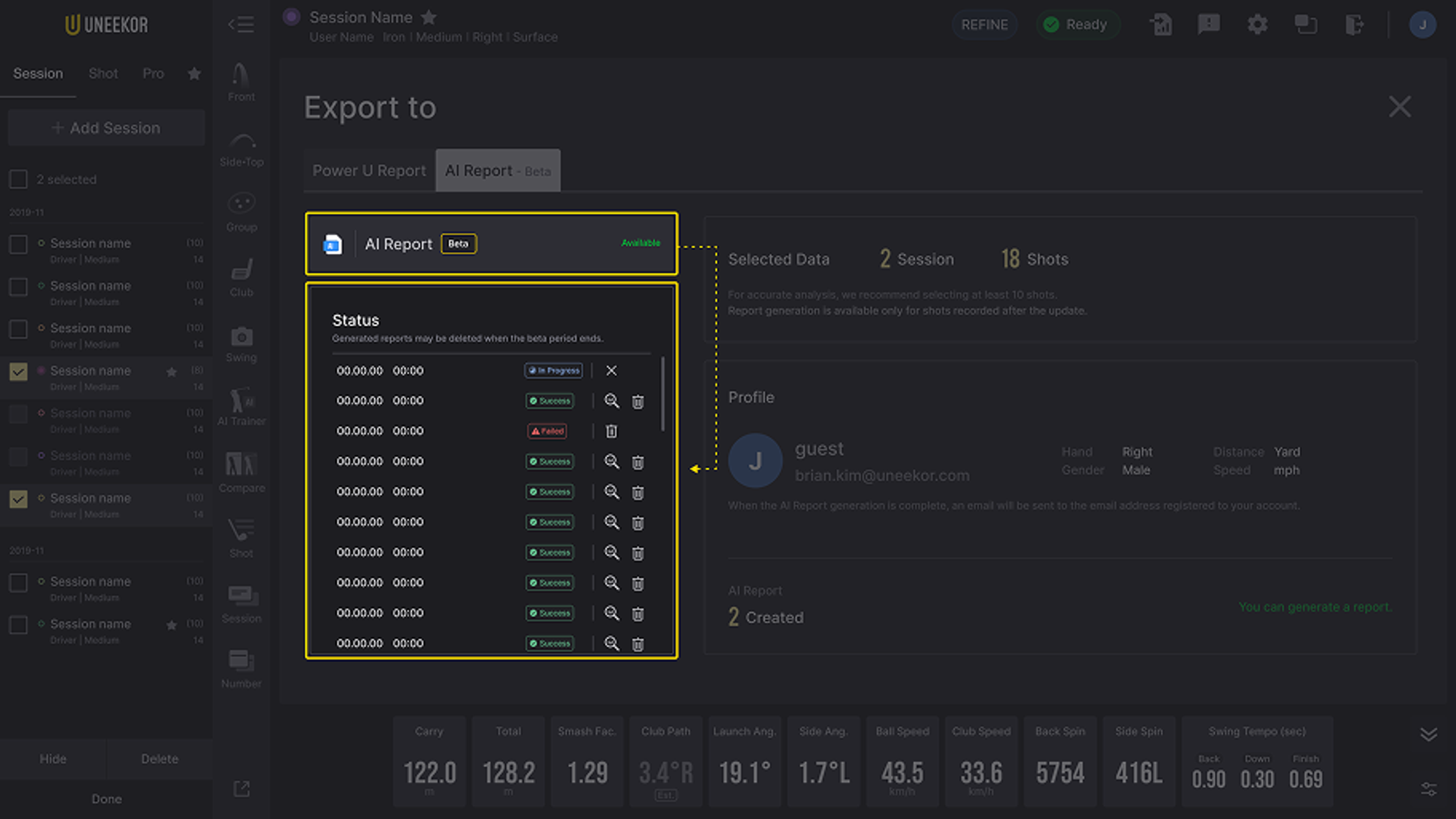 Dark mode software interface showing the AI Report export option and a list of successfully generated reports.