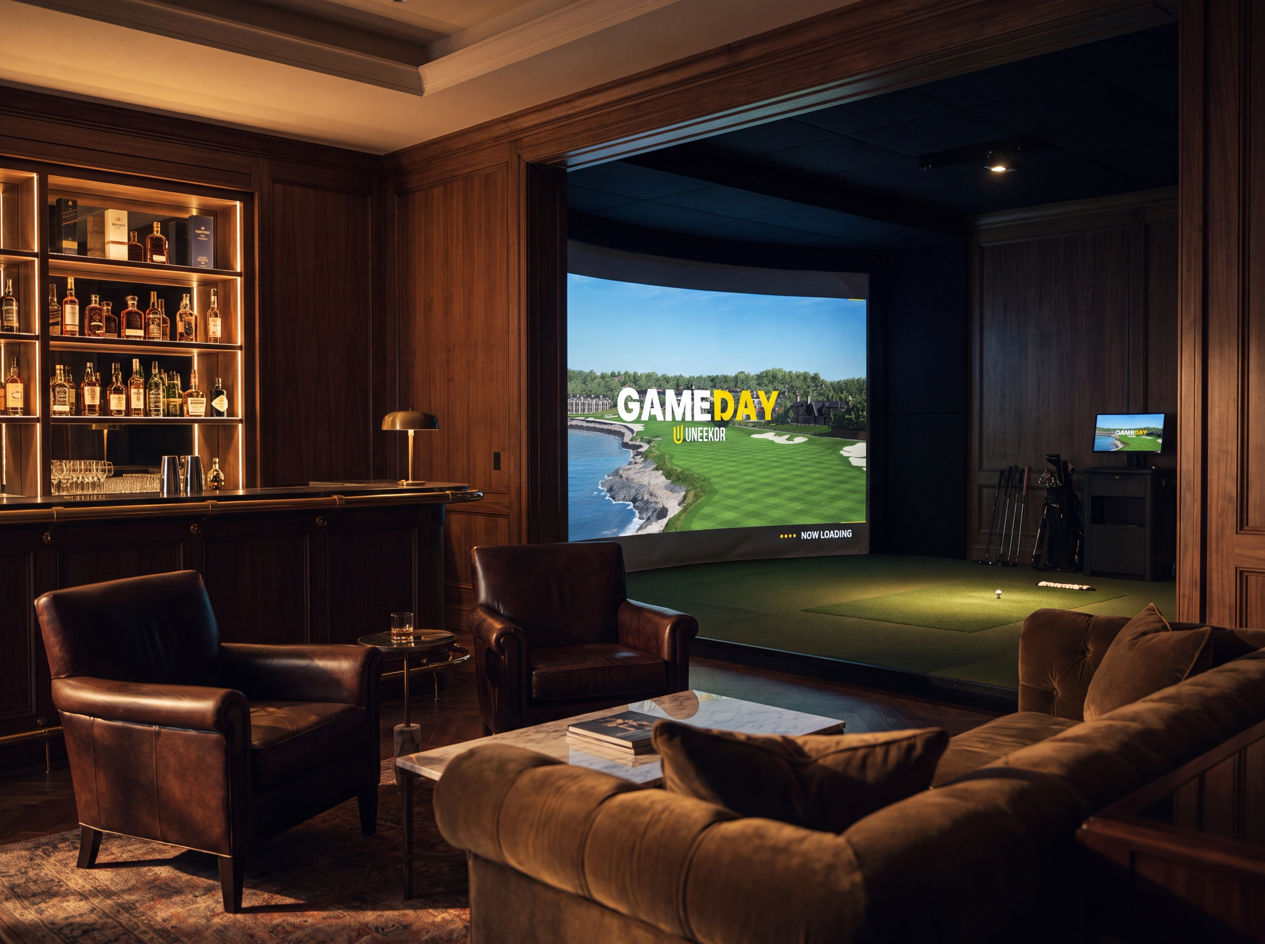 A lavish wood-paneled room with a well-stocked bar, plush seating, and a large golf simulator displaying a scenic course.