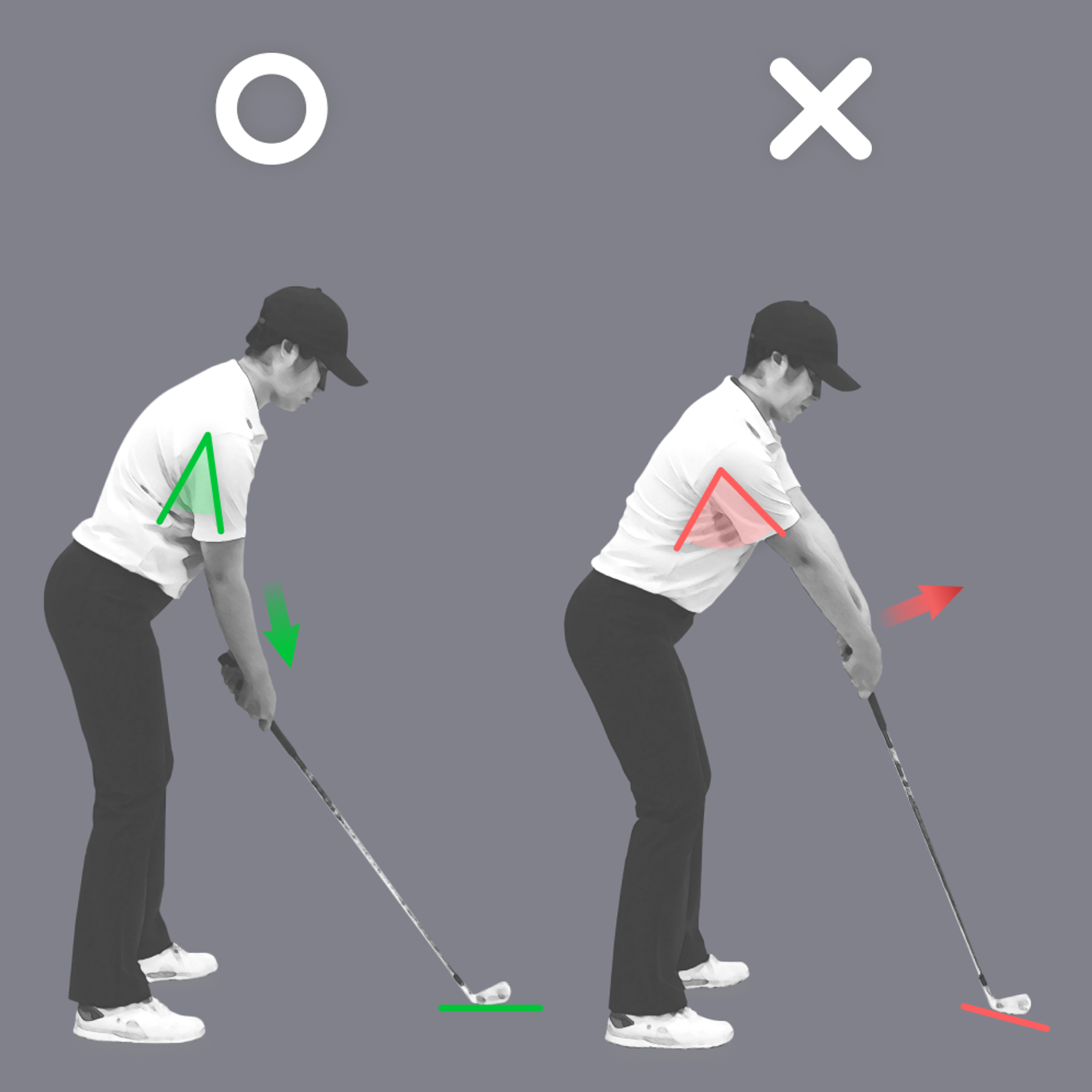 Golf swing comparison: proper form (left, green) versus improper form (right, red).