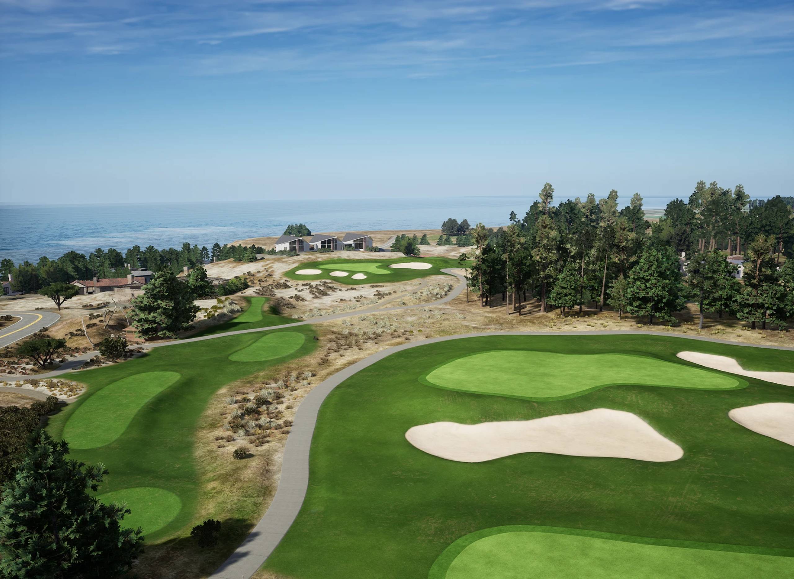 An aerial view of a golf course with green fairways and sand traps, overlooking the ocean under a clear blue sky.