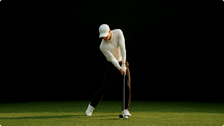 A male golfer in a white cap and light shirt swings a golf club on green turf against a dark background.