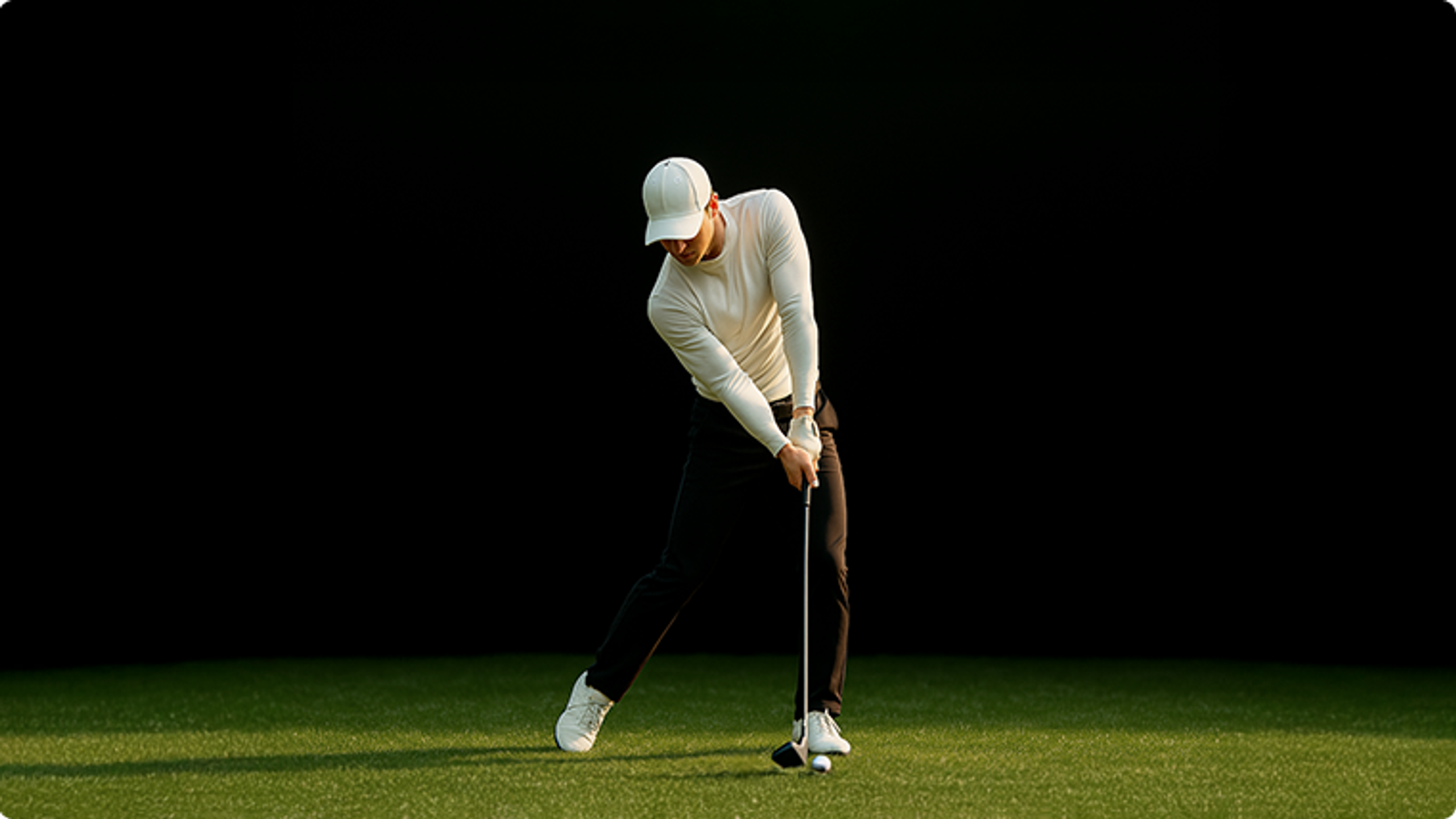 A male golfer in a white cap and light shirt swings a golf club on green turf against a dark background.