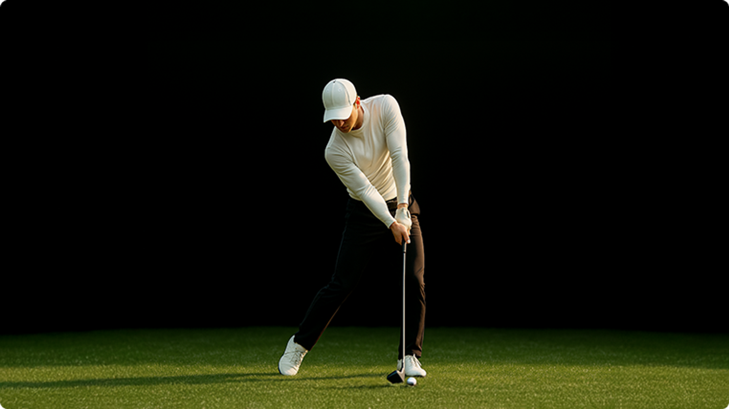 A male golfer in a white cap and light shirt swings a golf club on green turf against a dark background.