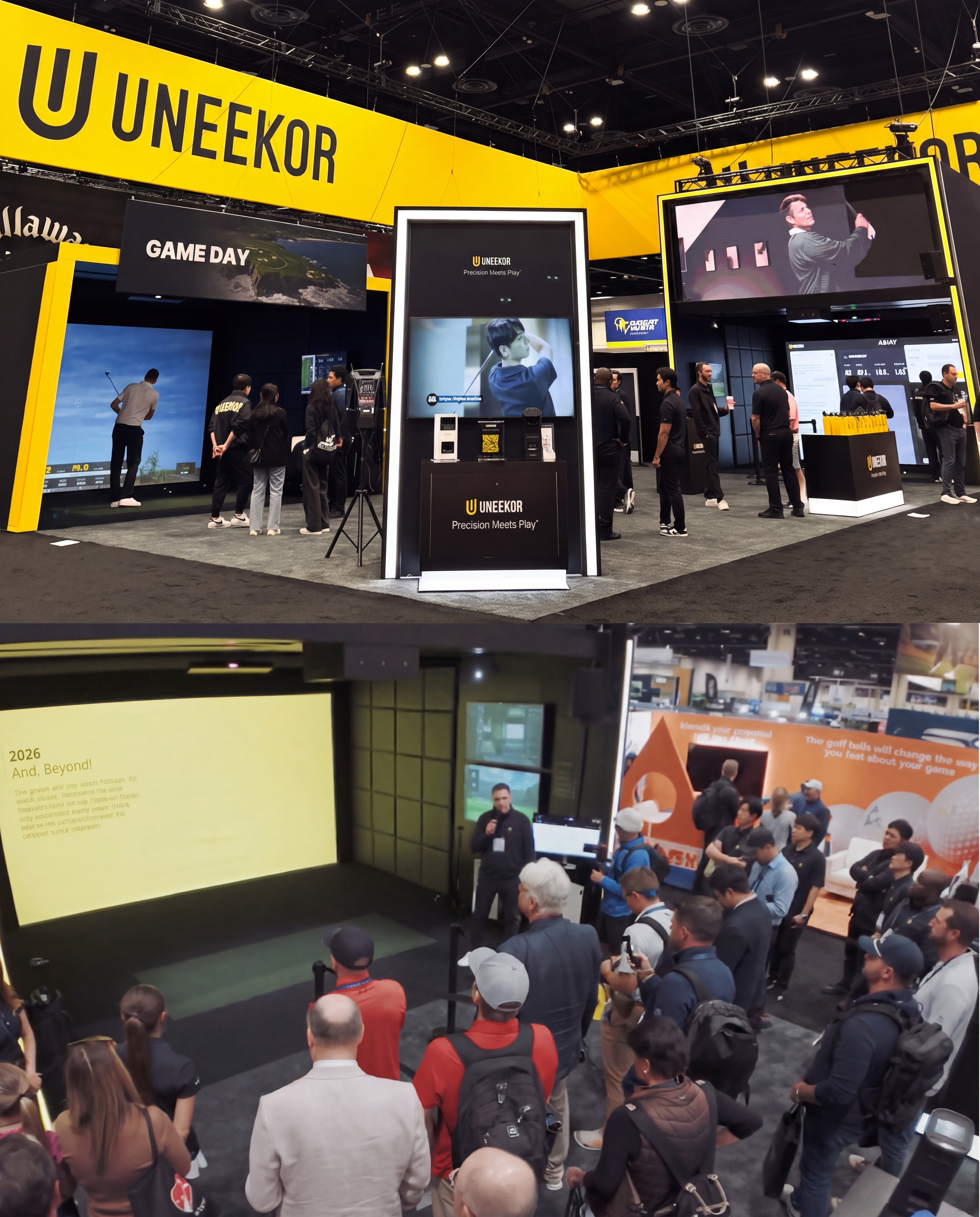 A golf technology trade show booth for UNEEKOR, showing people using golf simulators and a presenter addressing a large audience.