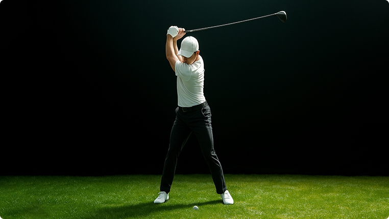 Golfer swinging a club on green grass against a dark background.