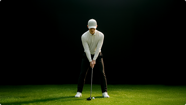 A golfer in a white shirt and cap poised to hit a golf ball on green grass against a dark background.