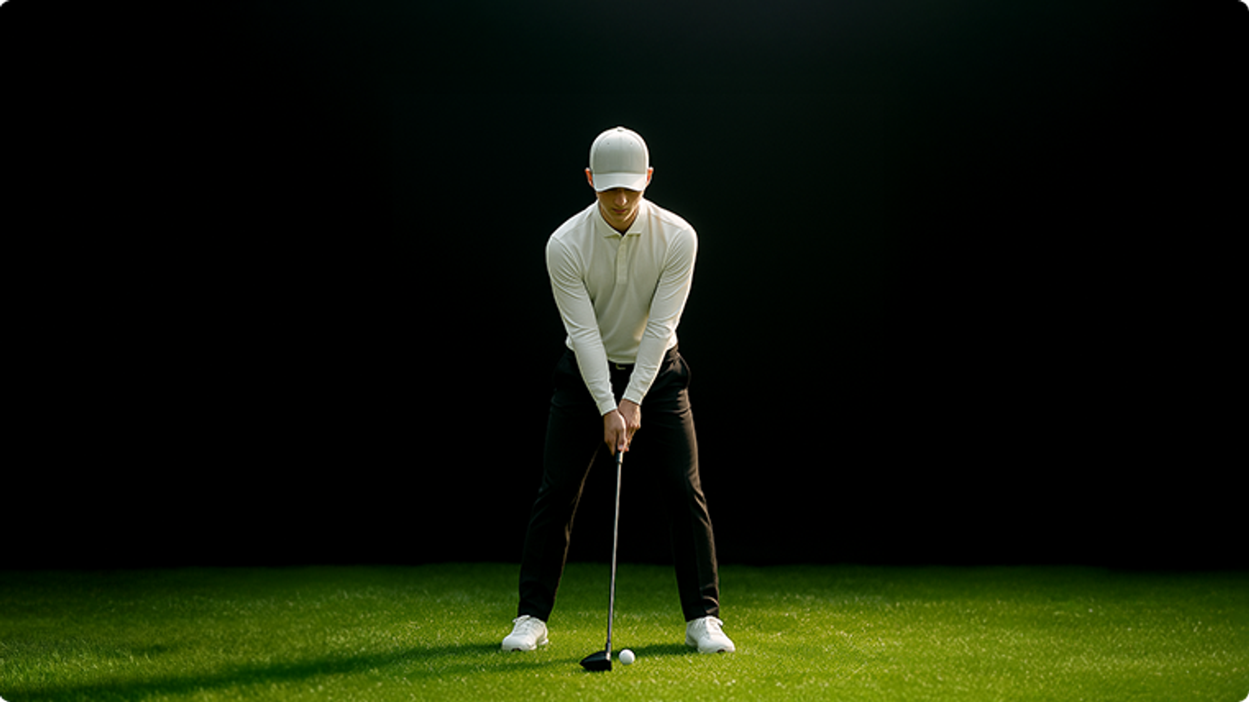 A golfer in a white shirt and cap poised to hit a golf ball on green grass against a dark background.