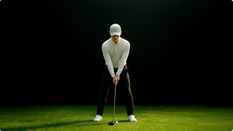 A golfer in a white shirt and cap poised to hit a golf ball on green grass against a dark background.