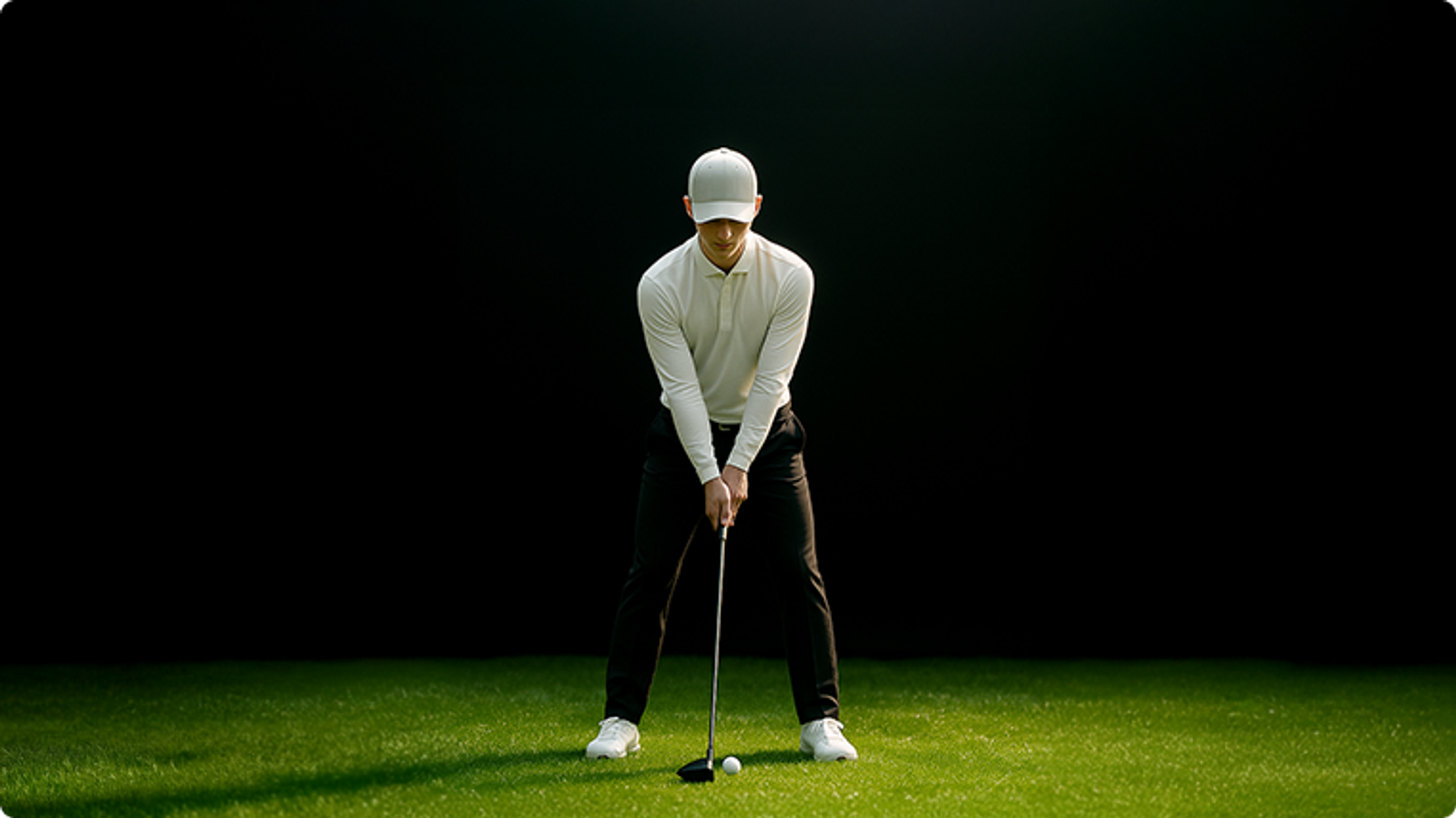 A golfer in a white shirt and cap poised to hit a golf ball on green grass against a dark background.