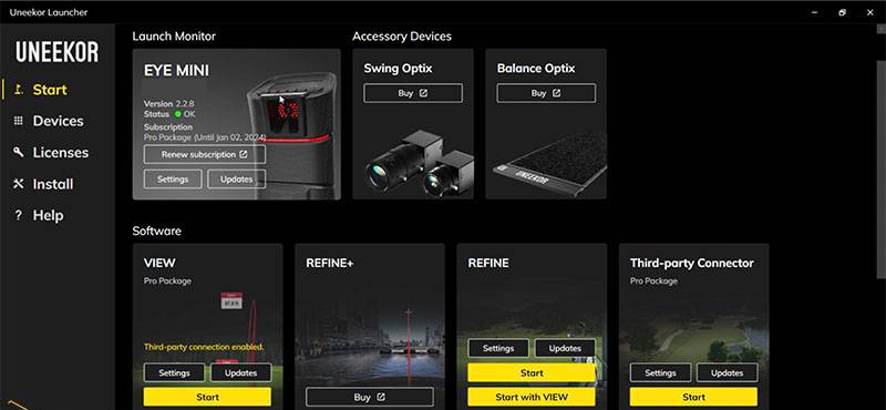 Uneekor Launcher software in dark mode, showing settings for a golf launch monitor, accessory devices, and simulation programs.