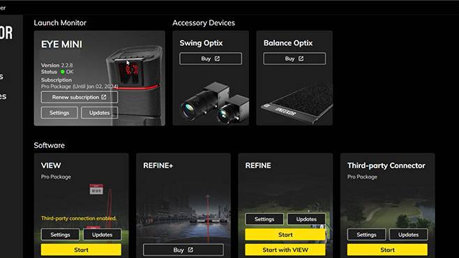 Uneekor Launcher software in dark mode, showing settings for a golf launch monitor, accessory devices, and simulation programs.