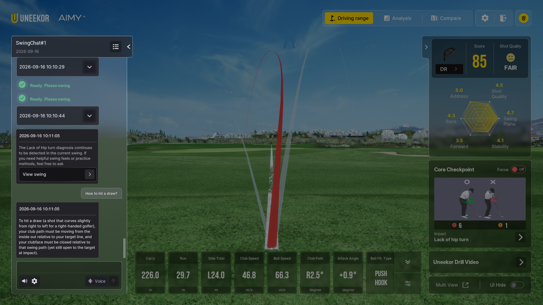Golf simulator screen showing a shot trajectory, swing analysis data, a score of 85, and various golf metrics.