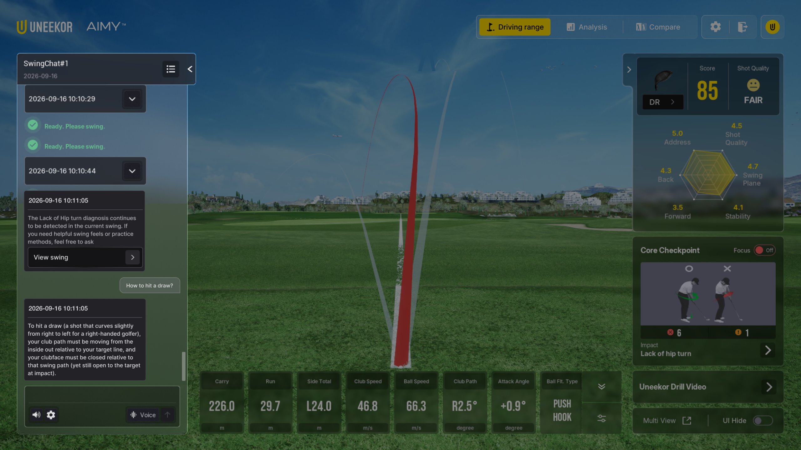 Golf simulator screen showing a shot trajectory, swing analysis data, a score of 85, and various golf metrics.