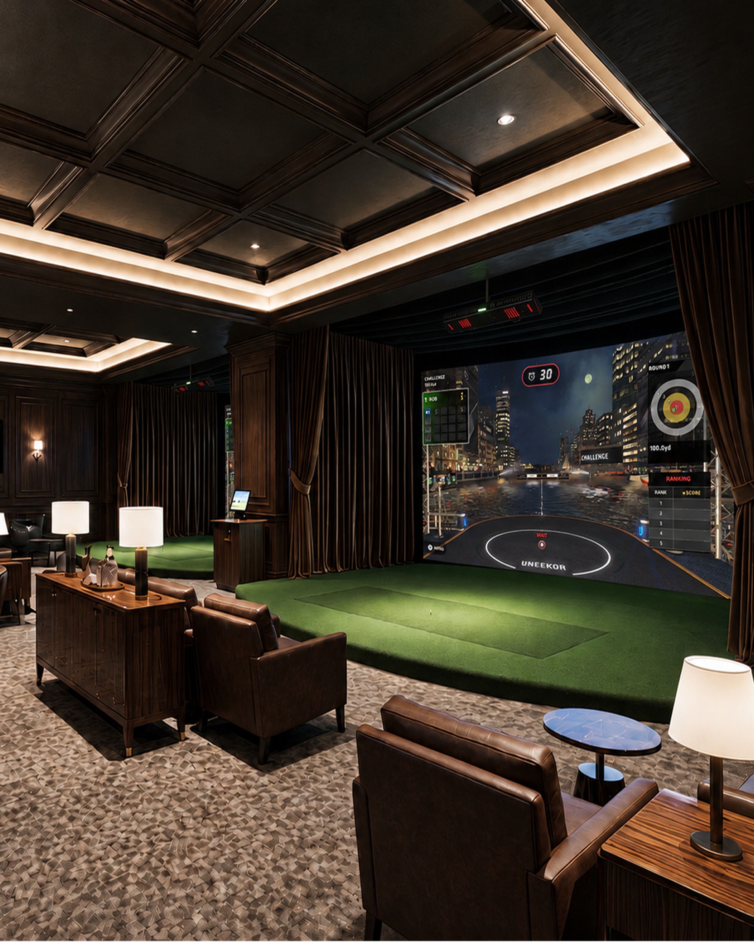 Luxurious indoor golf simulator room with dark wood paneling, leather chairs, and a large screen displaying a virtual night city golf course.