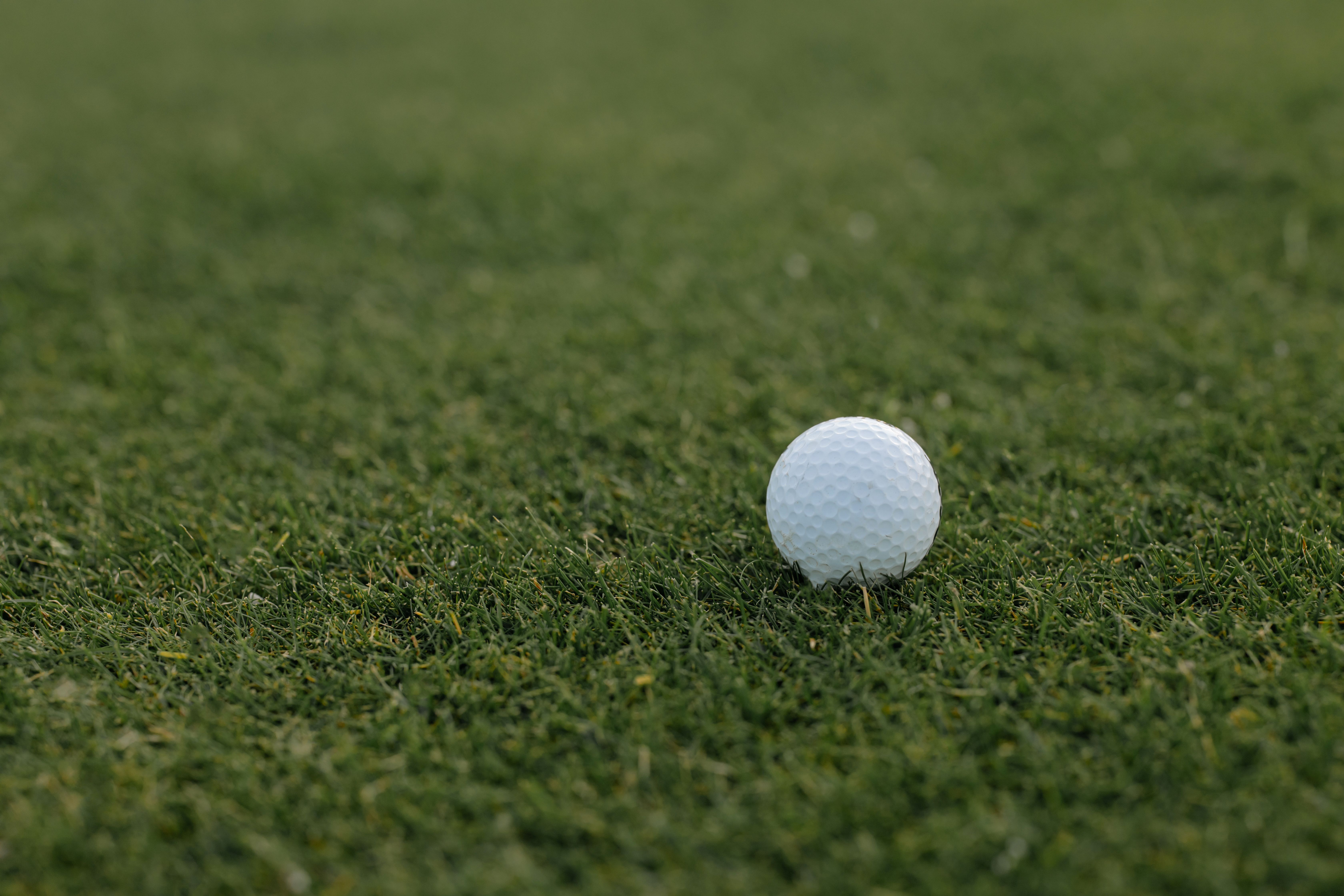 A white golf ball rests on green grass.