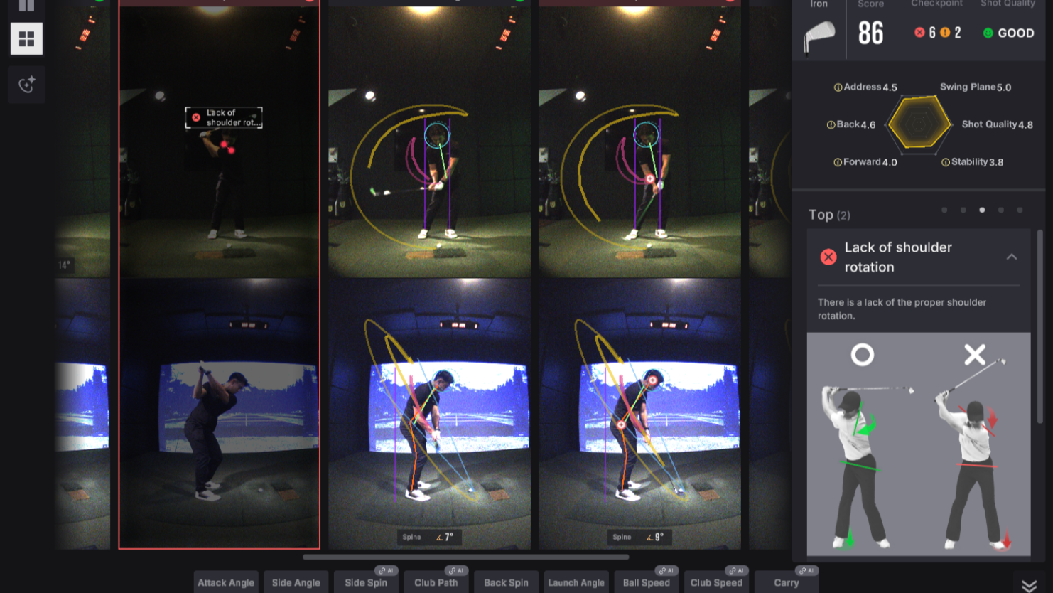 Golf swing analysis software displaying videos of a golfer, a score of 86, detailed swing metrics, and feedback on 'lack of shoulder rotation' with diagrams.