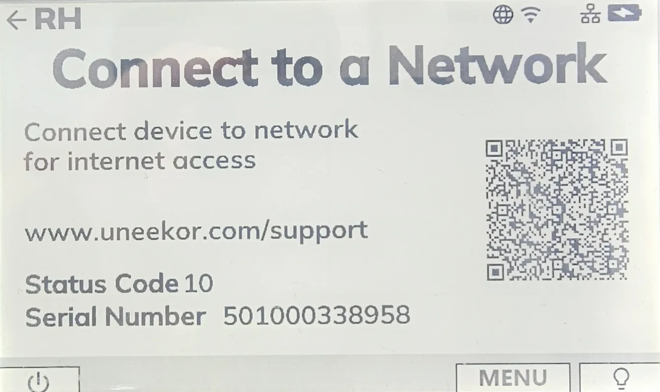 A white screen displaying "Connect to a Network" instructions, a QR code, uneekor.com support URL, Status Code 10, and Serial Number 501000338958.