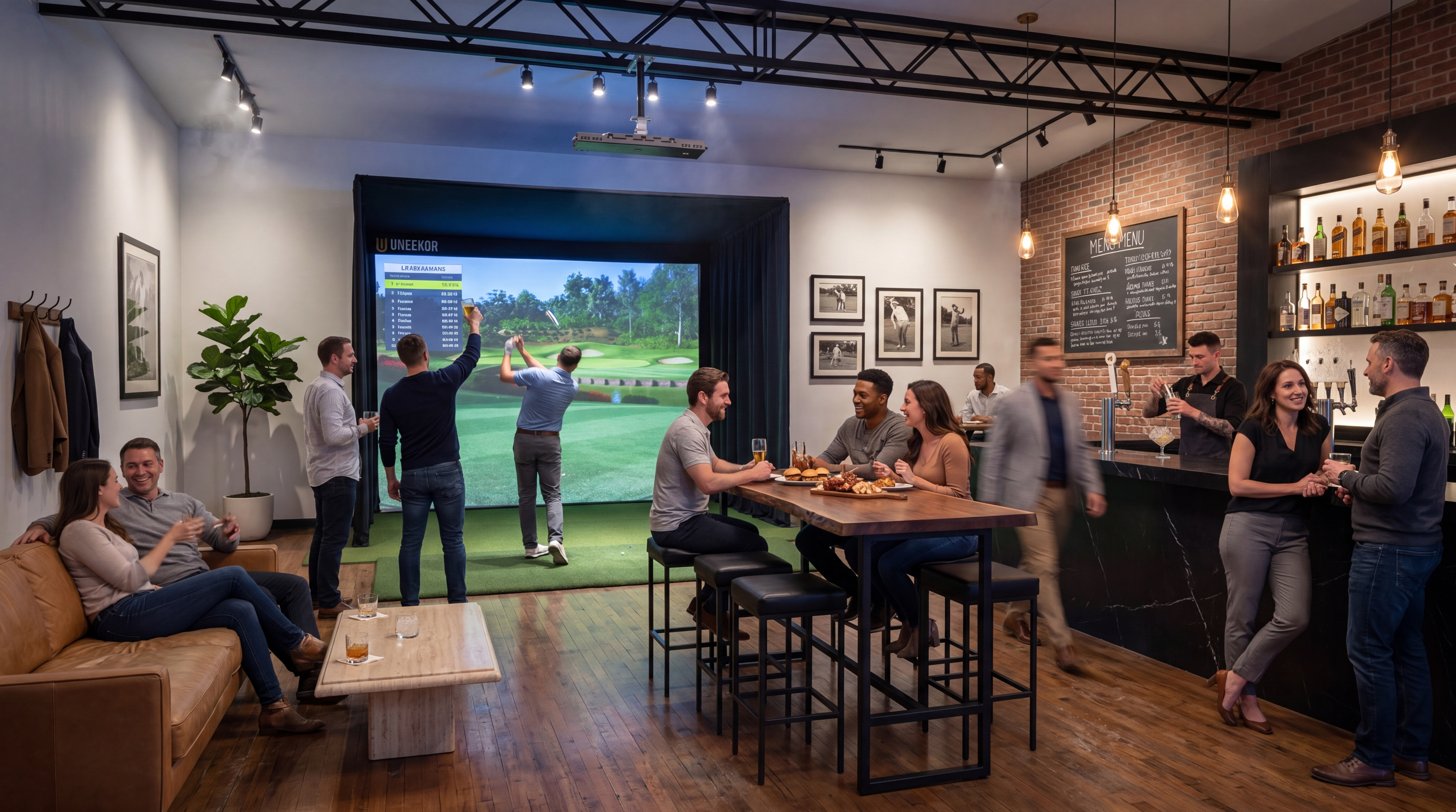 Groups of people socializing in a modern bar and golf simulator venue.