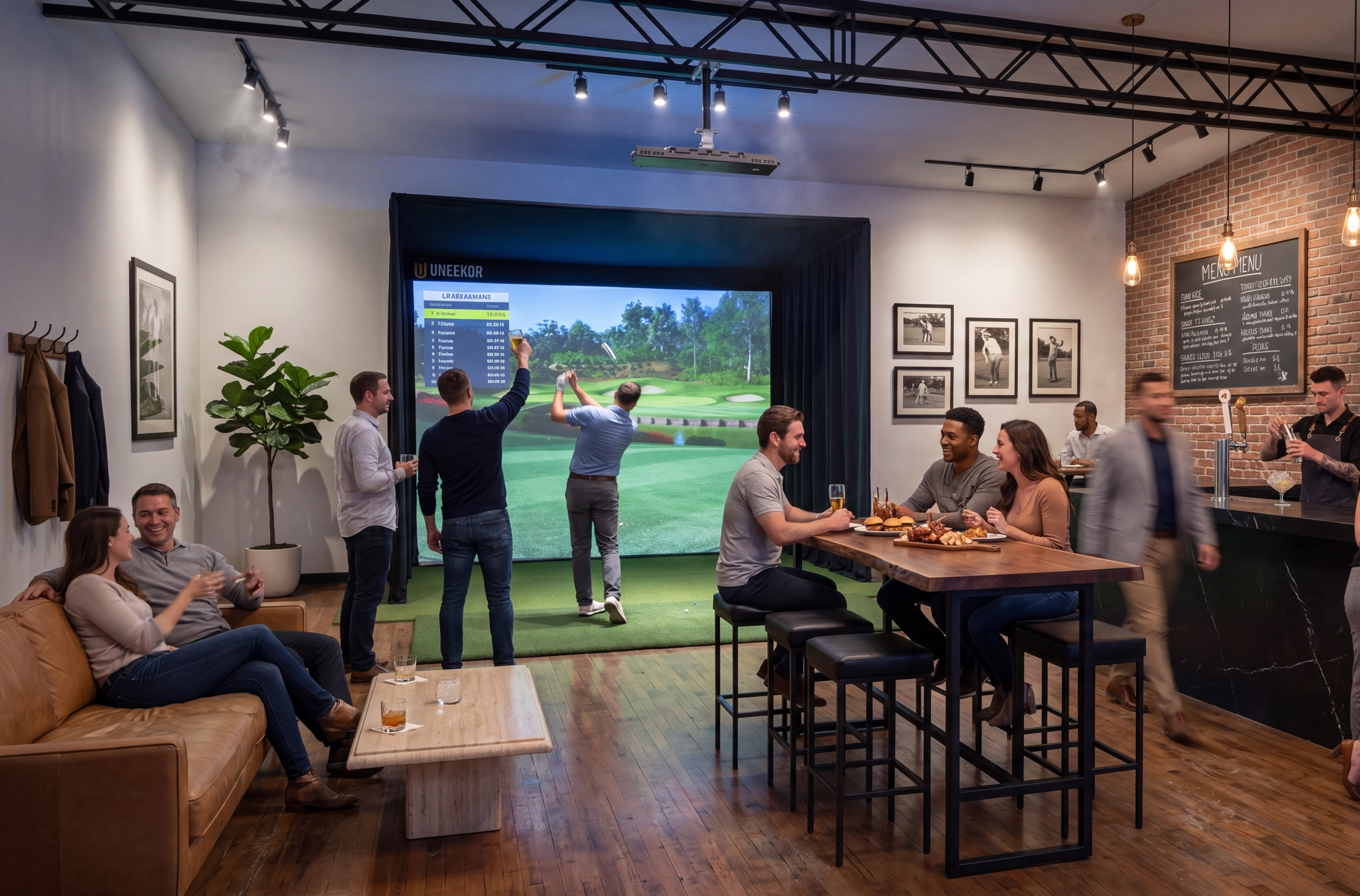 Groups of people socializing in a modern bar and golf simulator venue.