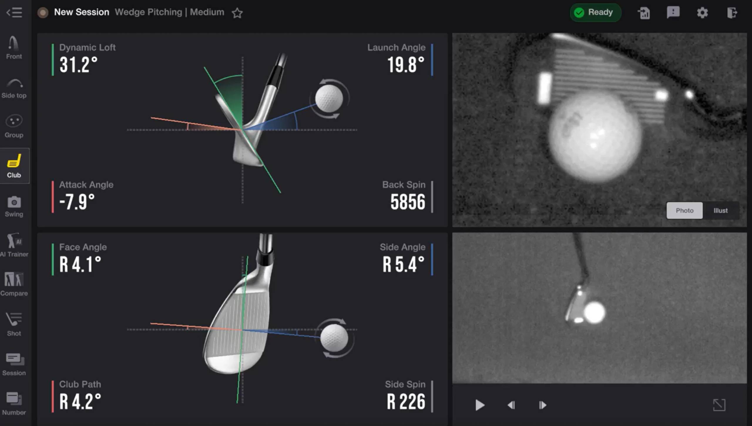 Golf swing analysis software display with club and ball diagrams, performance metrics, and impact camera views.