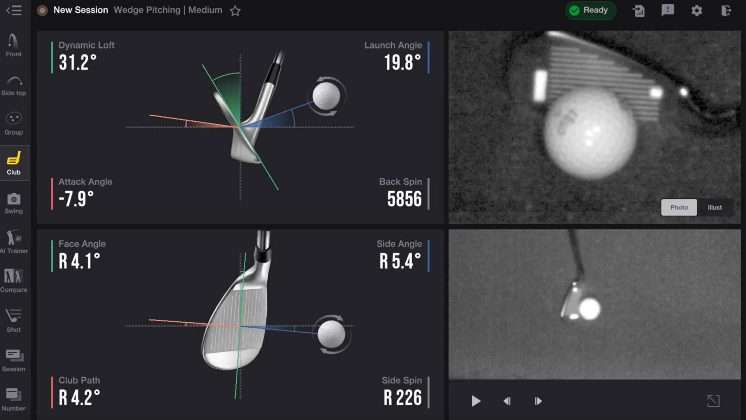 Golf swing analysis software display with club and ball diagrams, performance metrics, and impact camera views.