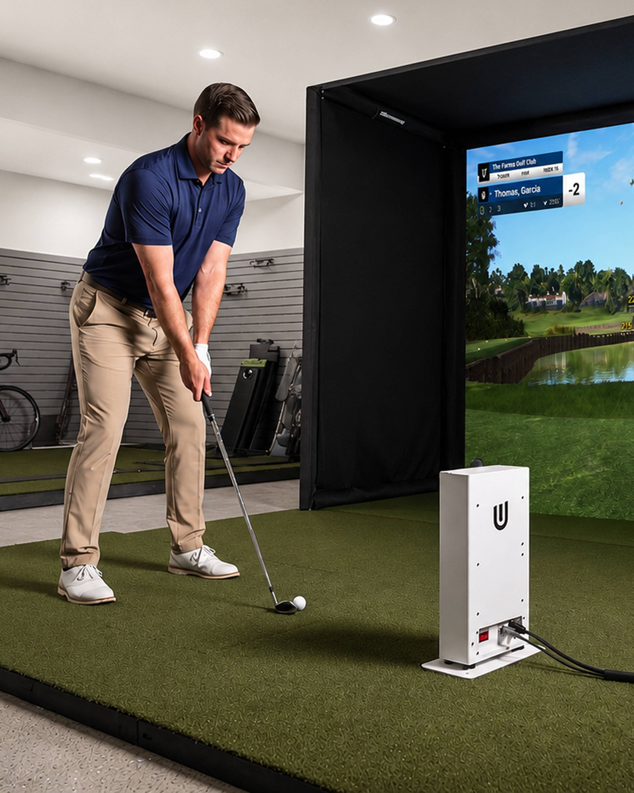 A man plays golf on an indoor simulator with a white launch monitor and a virtual course on screen.