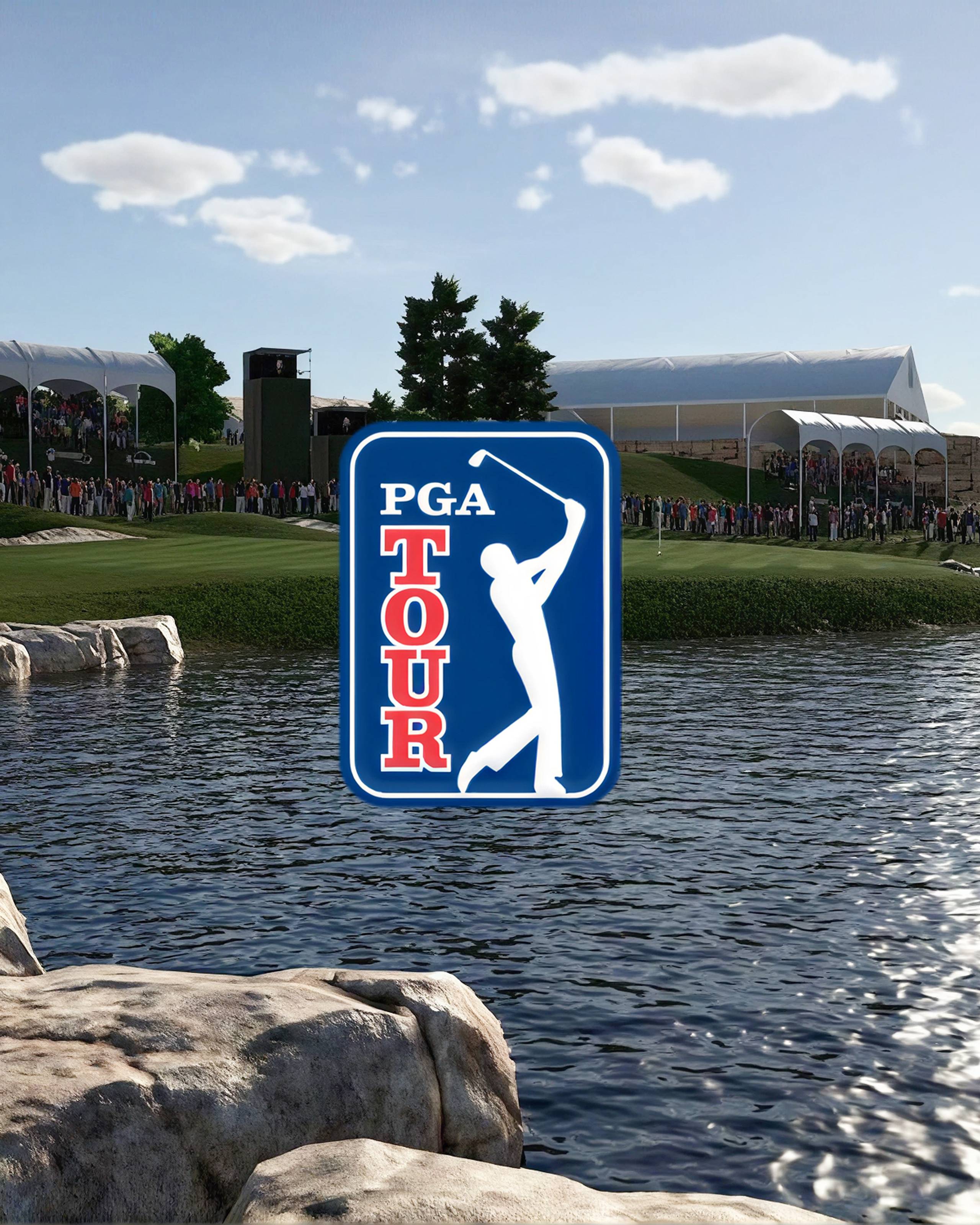 PGA TOUR logo over a golf course with water, spectators, and tents.