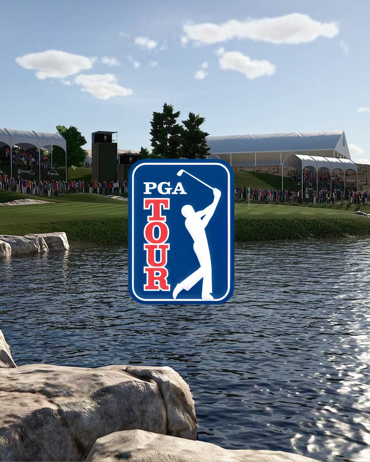 PGA TOUR logo over a golf course with water, spectators, and tents.