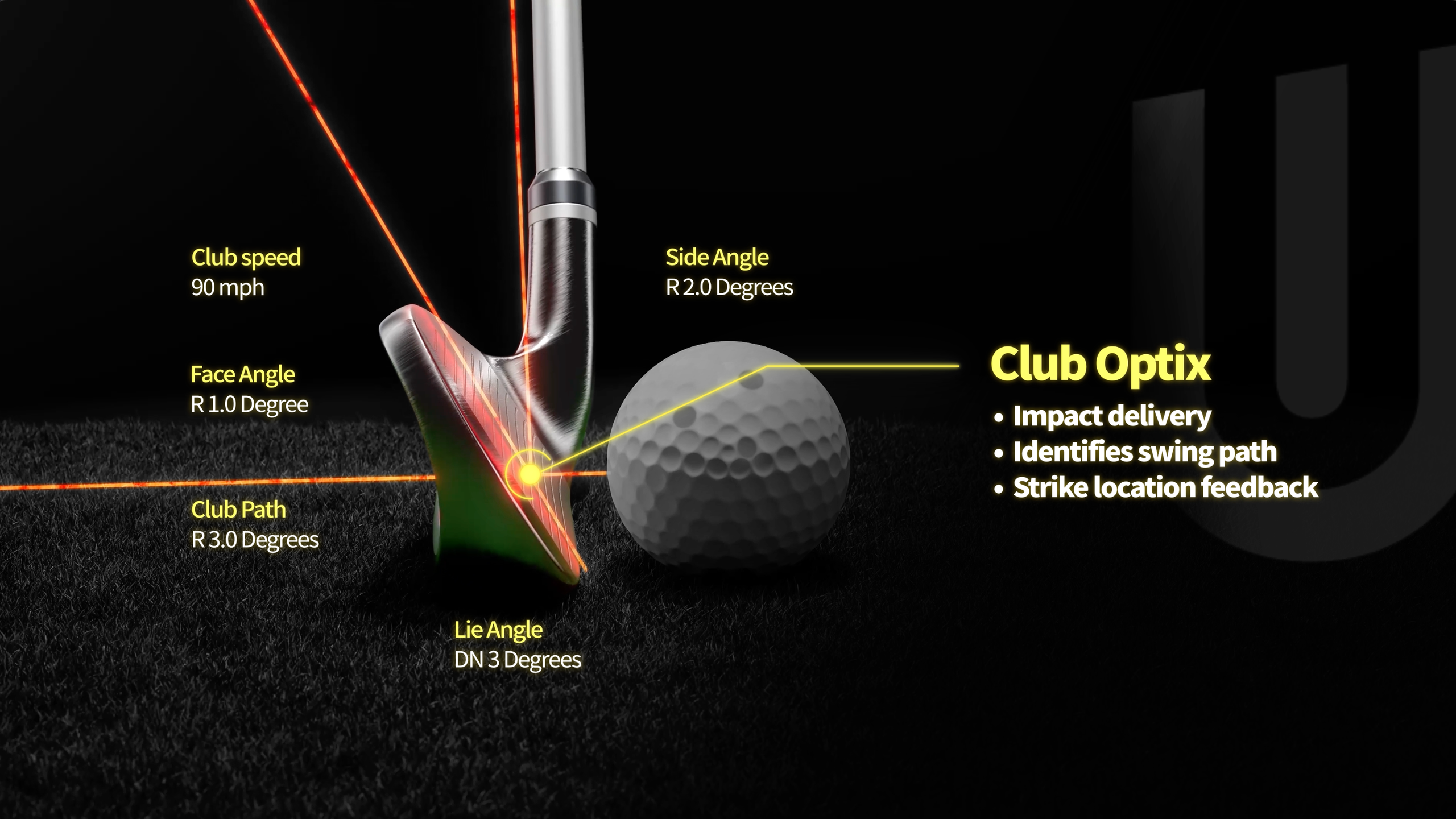 Golfschläger beim Treffen eines Balls mit Anzeige von Schwungdaten und „Club Optix®“-Technologie zur Analyse von Treffmoment und Schwungbahn.