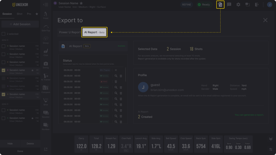 A dark-themed UI displays an "Export to" dialog. A yellow dashed line connects an export icon in the top right to the highlighted "AI Report - Beta" button.