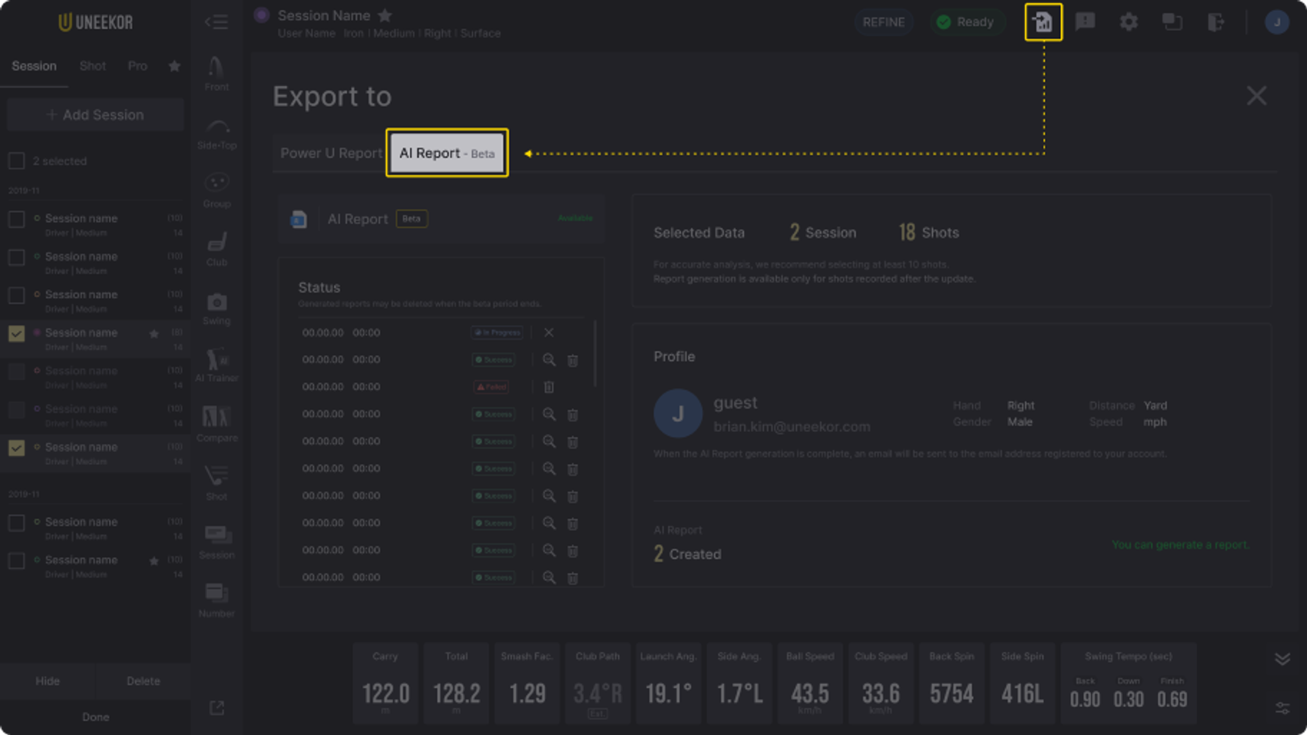 A dark-themed UI displays an "Export to" dialog. A yellow dashed line connects an export icon in the top right to the highlighted "AI Report - Beta" button.