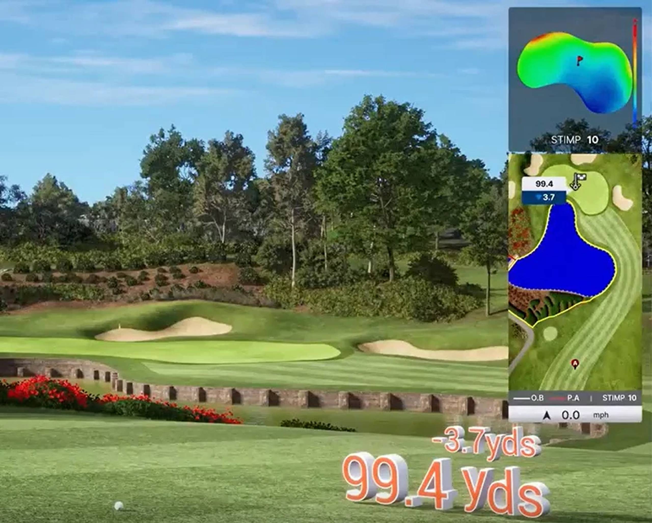 A golf video game screenshot showing a green with a bunker, trees, and an interface displaying a course map, green elevation, and 99.4 yards.