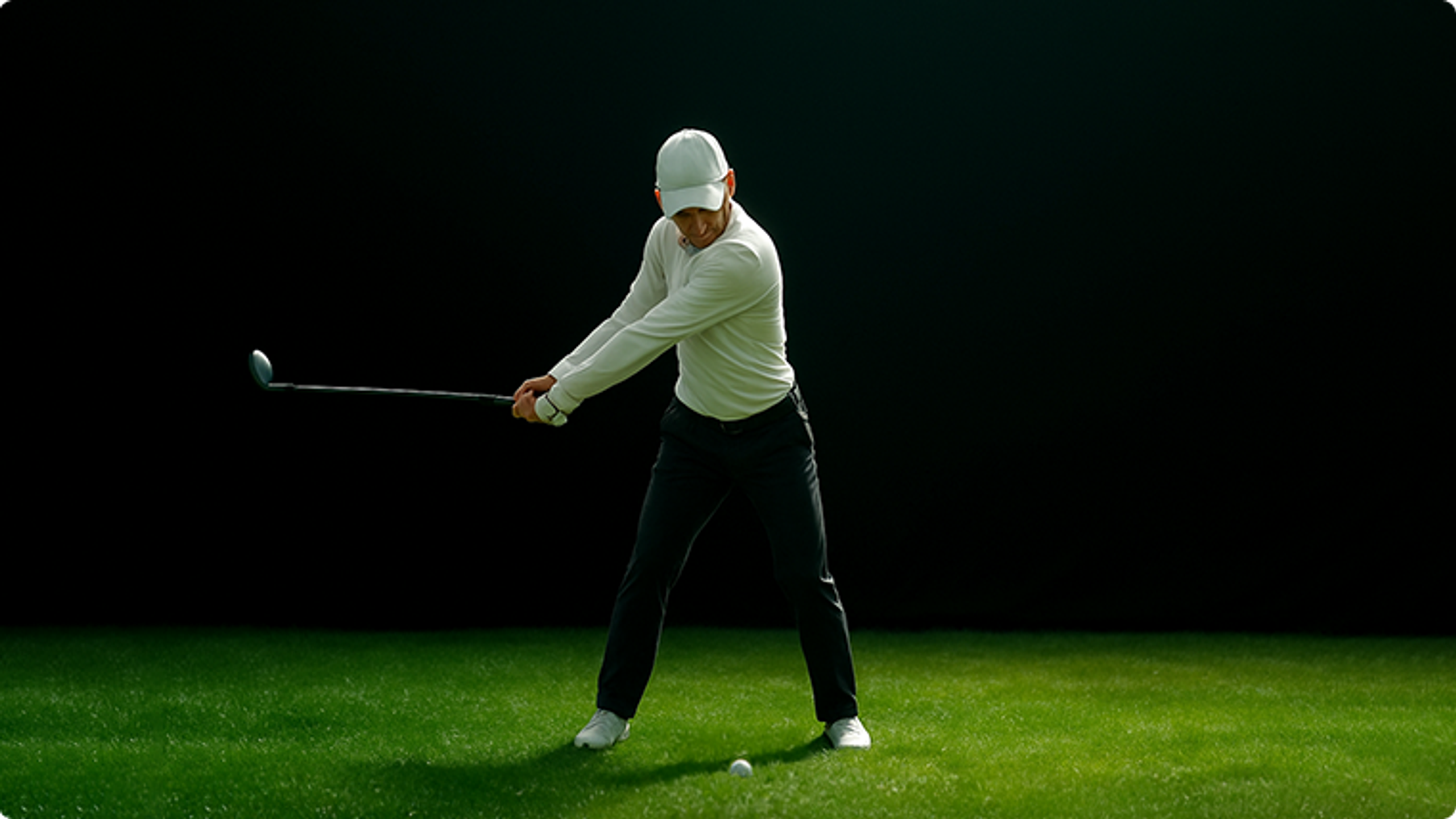 A man in golf attire swinging a golf club on green grass against a dark background.